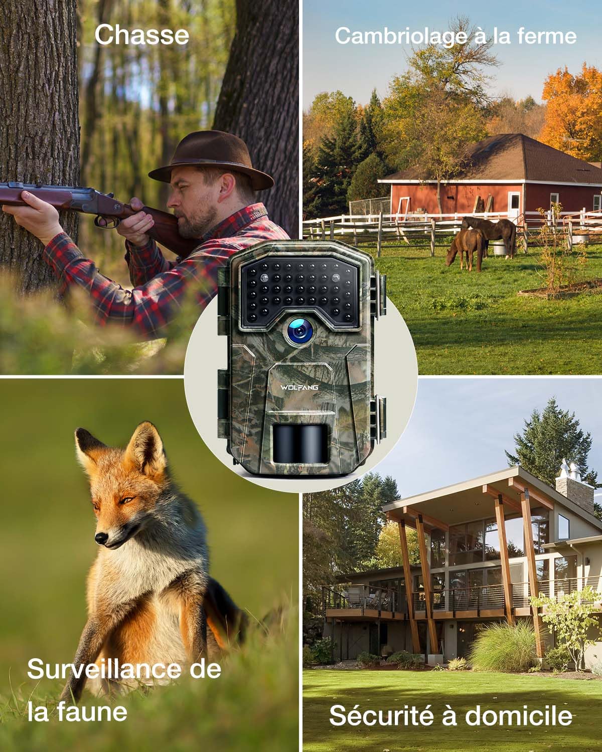 WOLFANG Caméra de Chasse,48MP 4K HD Caméra Chasse avec 940nm No Glow Vision Nocturne,IP66 Etanche pour l'observation des Animaux