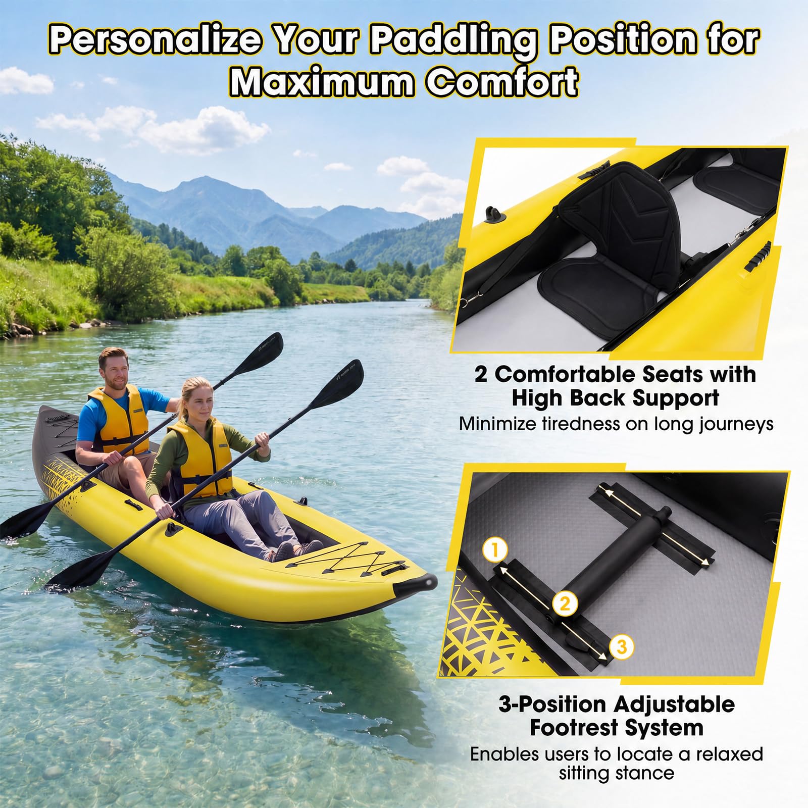 HOMASIS Kayak Gonflable 2 Places en PVC, Canoë Gonflable avec 2 Palettes Réglables, Sac de Transport, Pompe à Main et Kit de Réparation, Bateau Gonflable Mer pour Adultes, 382x94x40cm