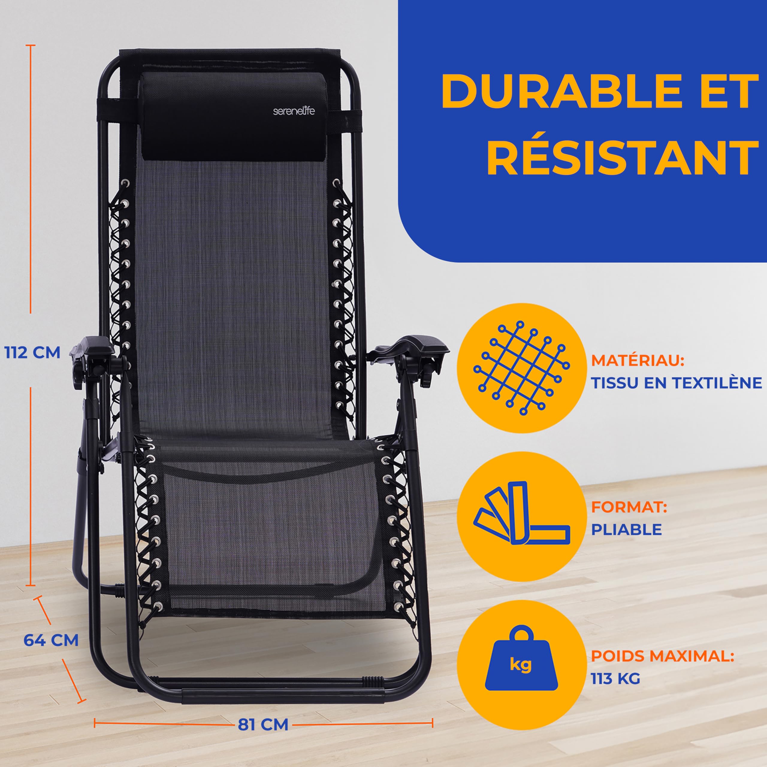 SereneLife Set de 2 Chaises Pliantes - Chaise Longue Réglable pour Extérieur avec Table Latérale, Porte-Gobelets, Oreillers Amovibles - Patio, Jardin, Plage - Noir