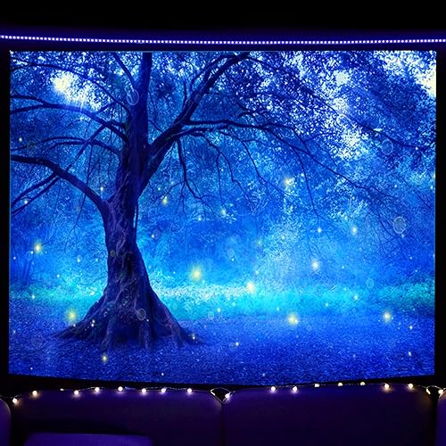 QGKPL Tapiz de bosque azul con luz negra, tapiz de luciérnaga reactivo a los rayos UV para dormitorio, tapices que brillan en la oscuridad para