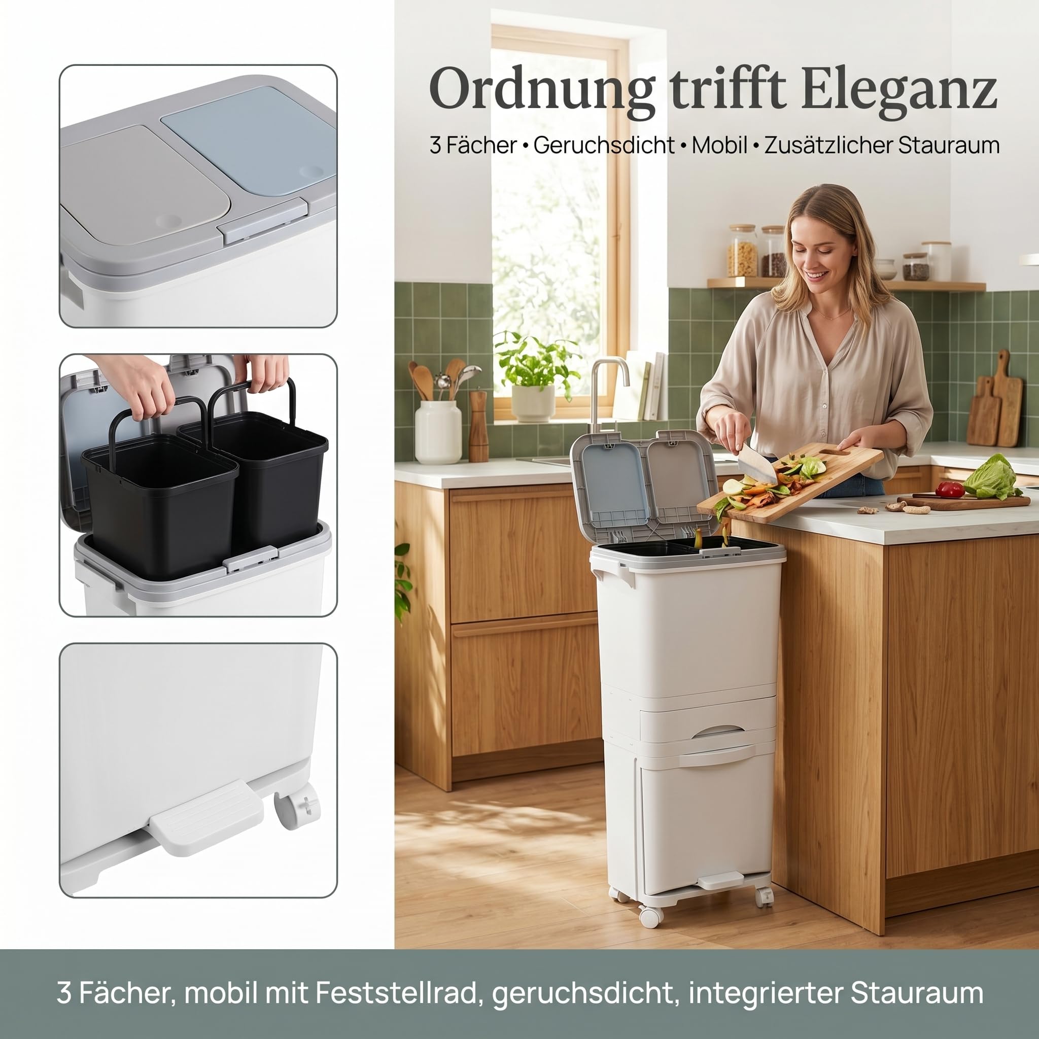Küchenabfalleimer 3 Fächer, Großvolumiger 42L Mülltrennsystem mit Druckdeckel, Fußpedal, Lenkrollen und Mittelschublade, Treteimer für Abfalltrennung in Küche, Büro, Wohnung