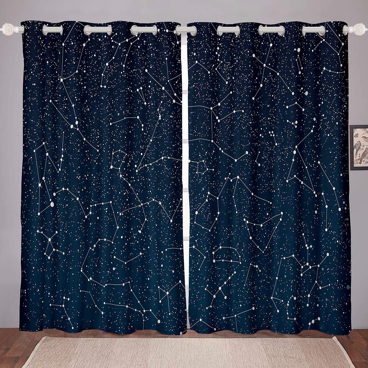 Galaxy Window Drapes Starry Sky Constellation Curtains Dark Blue Outer Space Theme Window Treatments for Boys Girls Kids Room Decor Lightweight Milky Way Window Curtain W46*L54