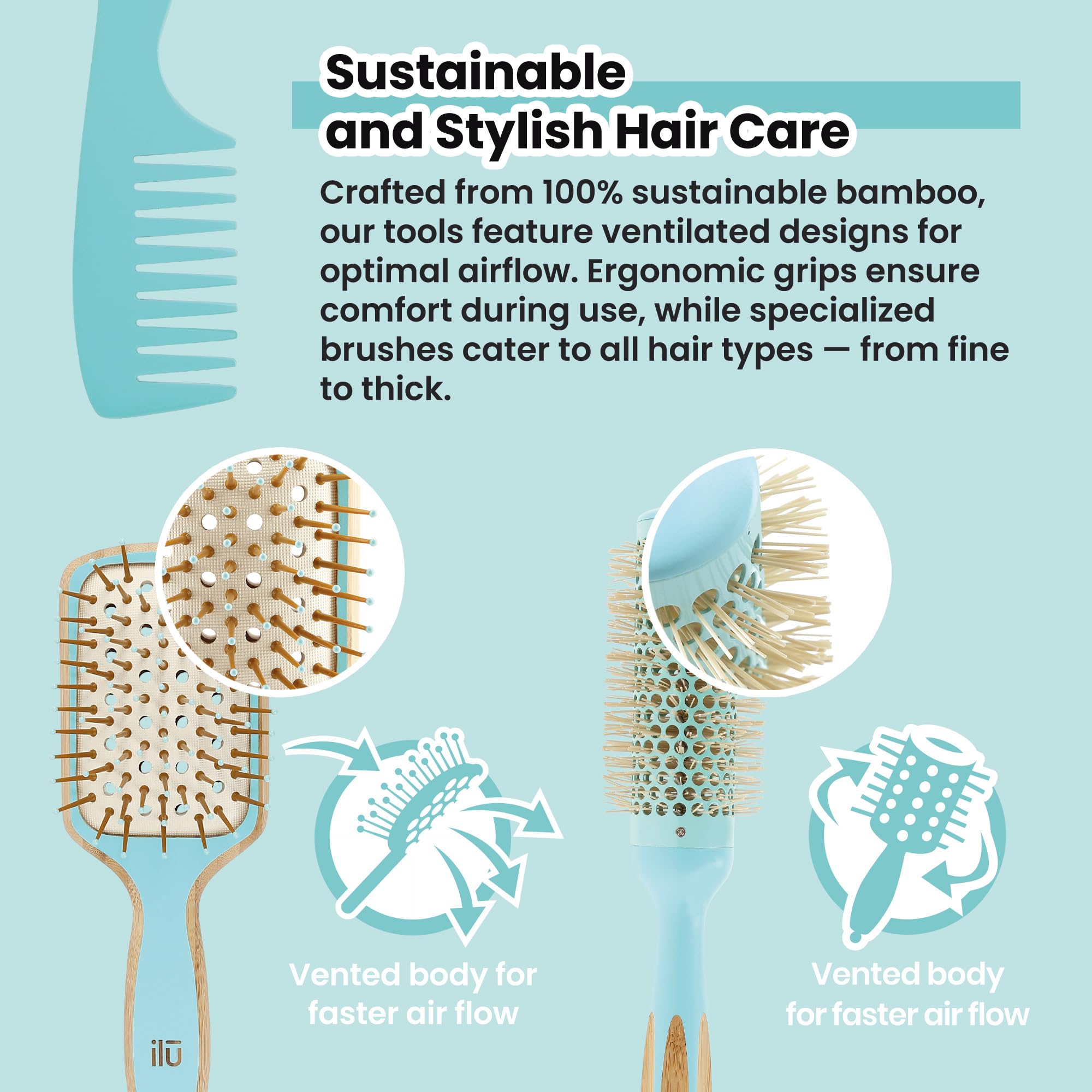 Ilū - Bambus Haarbürste Detangler Bürste Ocean Breeze Haarschonend Antistatisch Für Haarmassage Styling Umweltfreundlicher Haarkamm Perfekt Für Alle Haartypen
