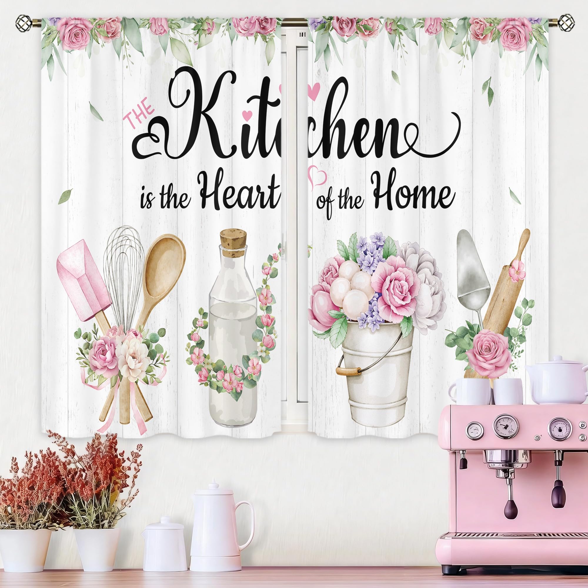 Photo 1 of **SIMILAR, BUT NOT EXACT**Cinbloo Pink Kitchen Curtains 27.5Wx39H Inch Rod Pocket Floral Rose Rustic Curtains for Kitchen Fork and Spoon Country Wooden Flower Art Printed Funny Quotes Window Drapes Treatment Fabric 2 Panels