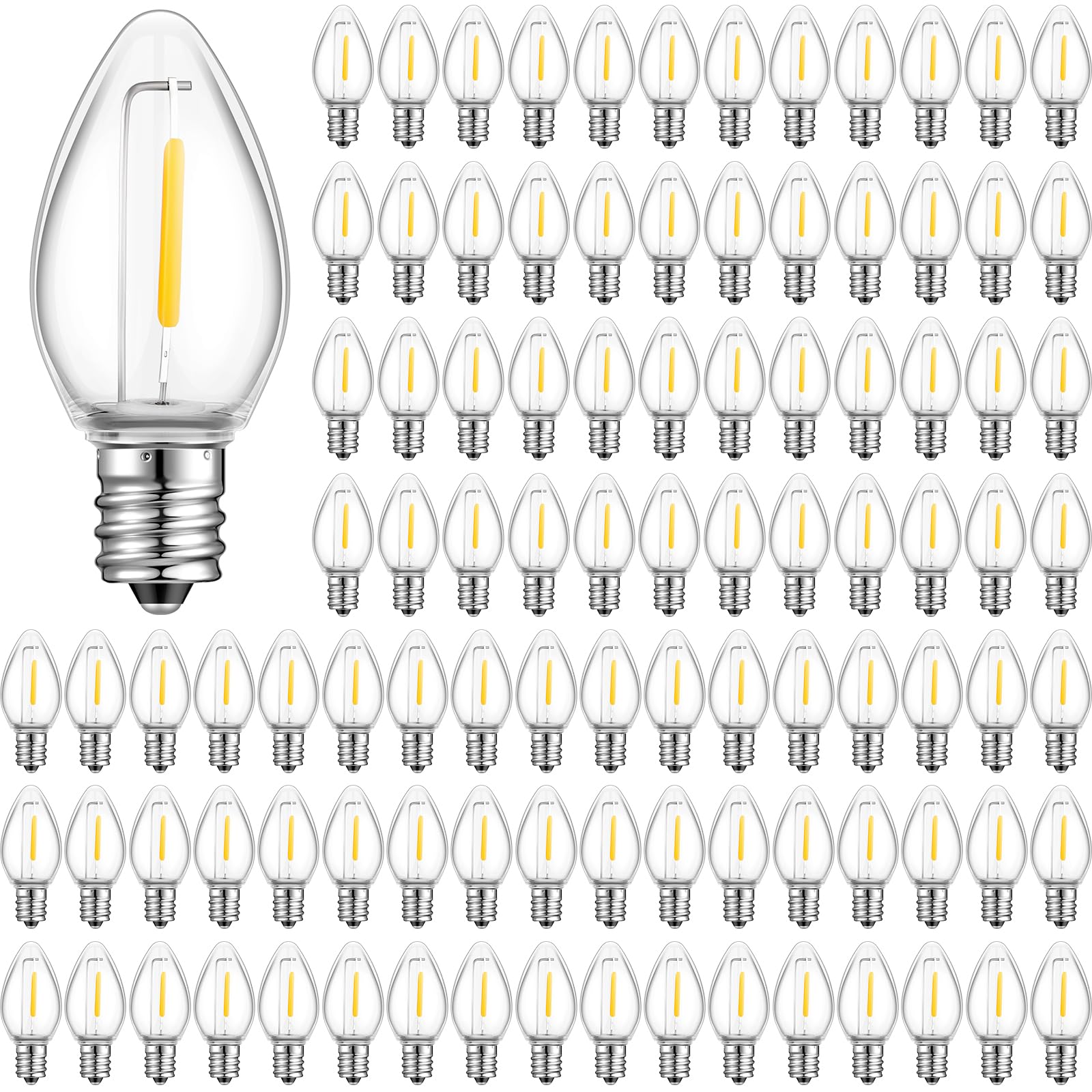 Photo 1 of Tarpop 100 Pack C7 LED Bulbs C7 LED Replacement Light Bulb 0.6W 120V Night Light Bulb E12 Chandelier Candelabra Base C7 Candelabra LED Light Bulb for Christmas Outdoor String Lights (Clear)