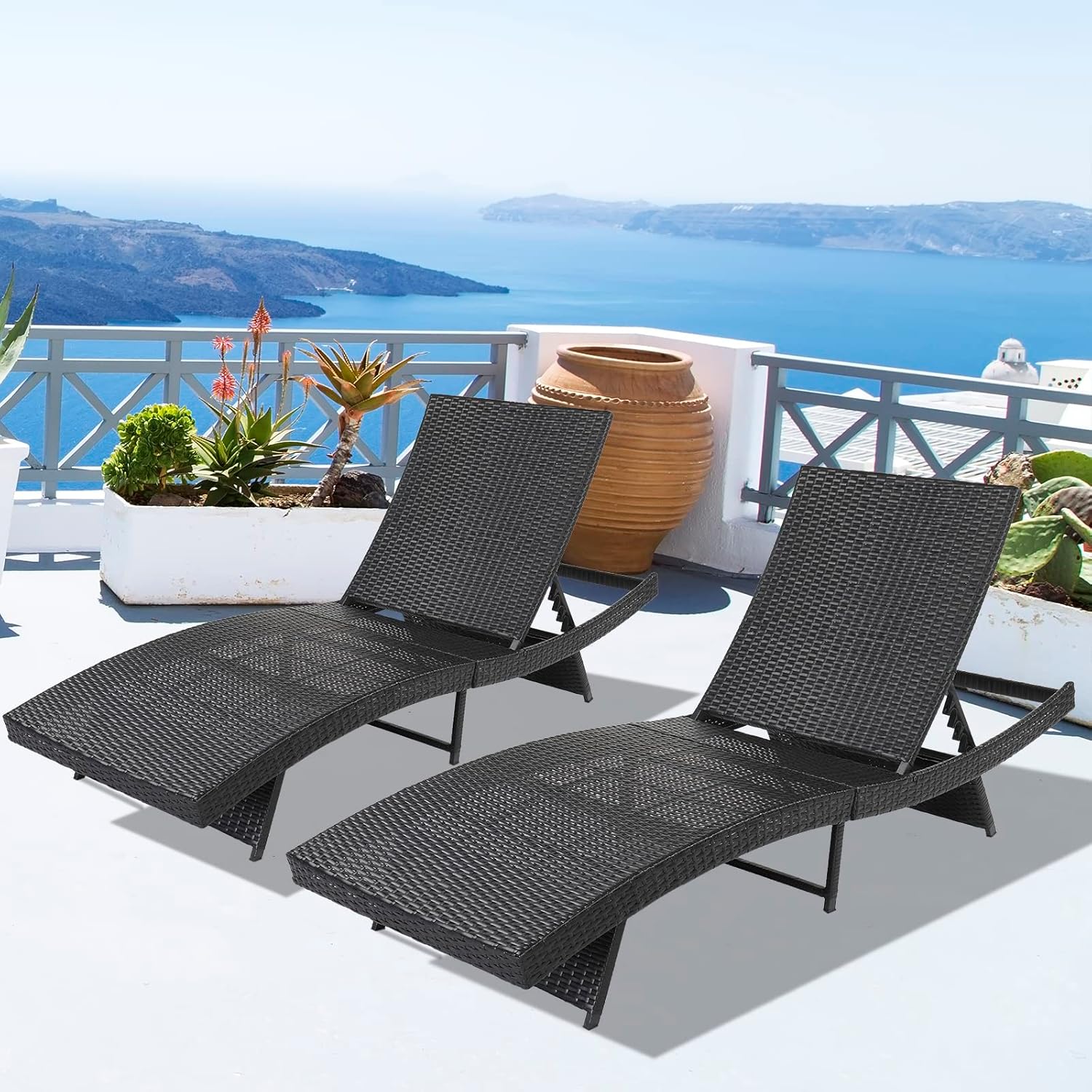 Outvita Paito Chaise Lounge Chairs, PE Rattan Wicker Patio Pool Lounge Chair with 6 Adjustable Positions and Soft Cushion for Poolside Backyard Deck Porch Garden Beach (Blue)