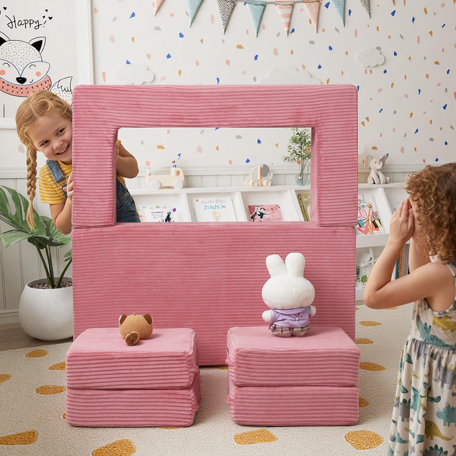 MeMoreCool Divano per bambini in velluto a coste, pieghevole in gommapiuma, mini divano modulare per cameretta e camera da letto, rosa