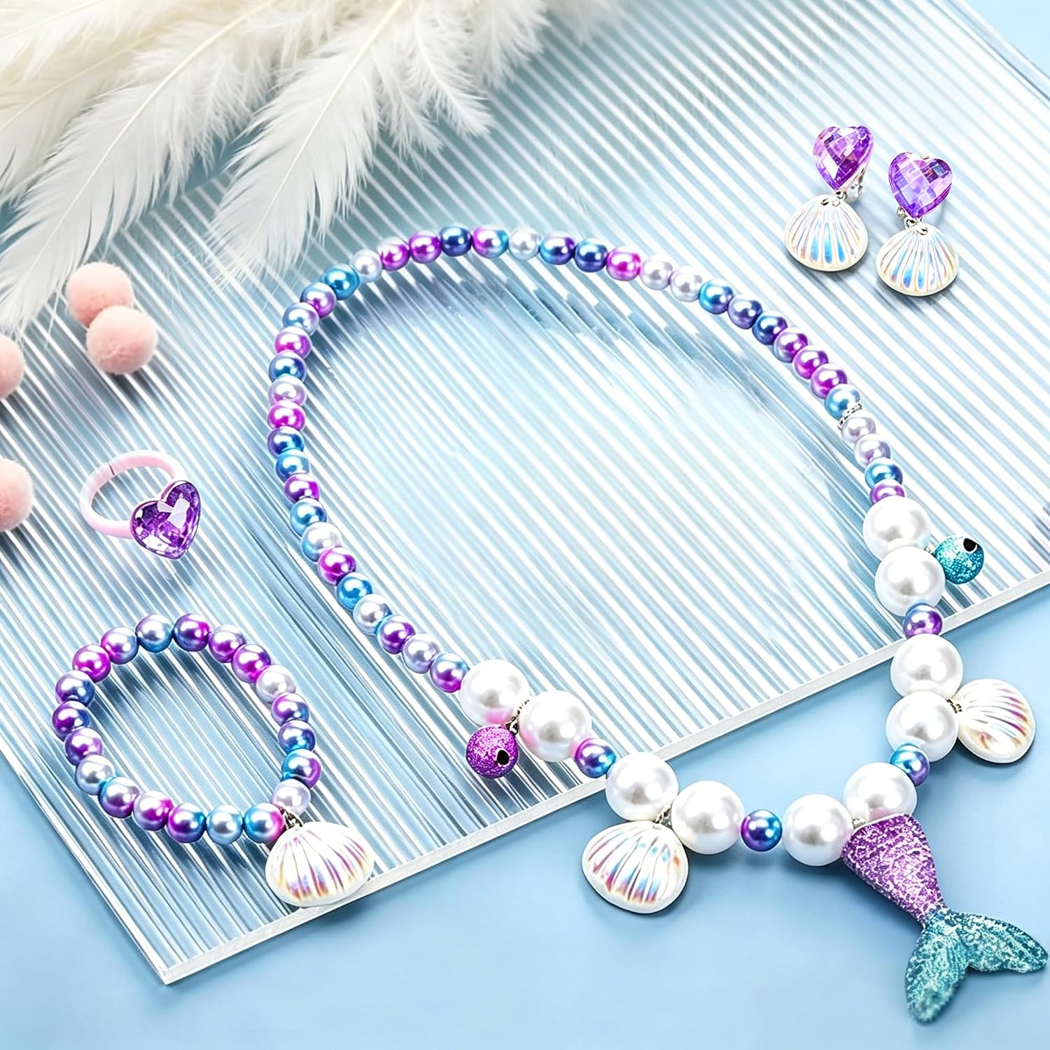 Mermaid Birthday Decorations with Tail Happy Birthday Banner, Mermaid Jewelry Set for Girls Women, Blue Ocean Curtain & Balloons, Under The Sea Party Supplies & Ocean Room Decor for Girls