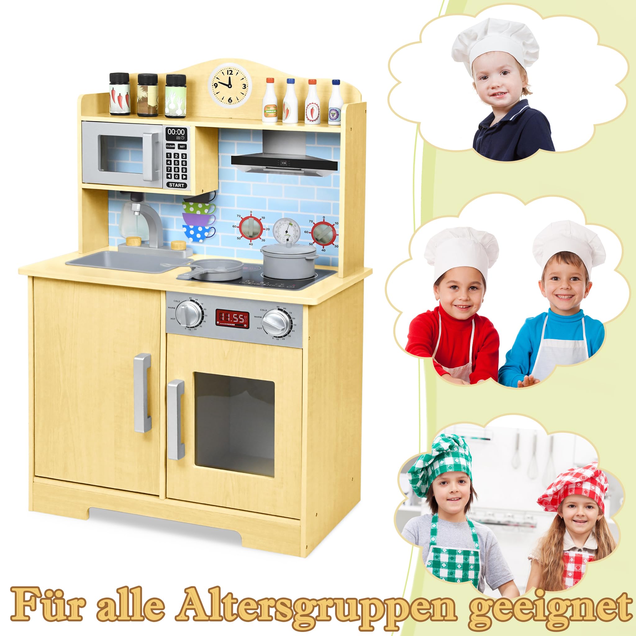 FIVMEN Kuchnia dziecięca, drewniana kuchnia z kuchenką, kuchenką mikrofalową, kranem i zlewozmywakiem i akcesoriami kuchennymi, kuchnia zabawkowa dla dzieci od 3 lat, 56 x 28,5 x 92 cm