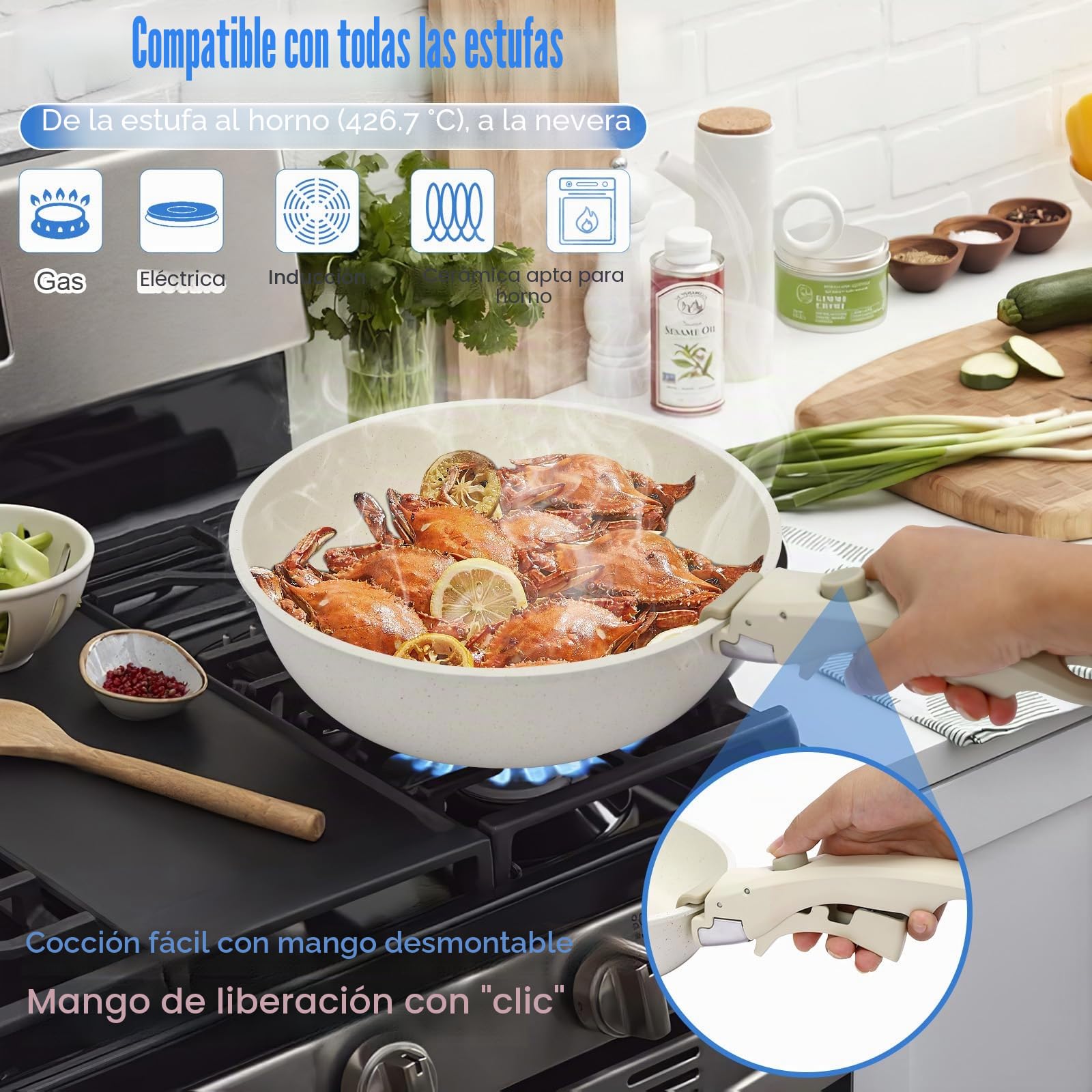 GFTIME Juego de ollas de 17 piezas, revestimiento de cerámica antiadherente con asas extraíbles, para todo tipo de cocinas, incluidas las de inducción, apilables y aptas para lavavajillas