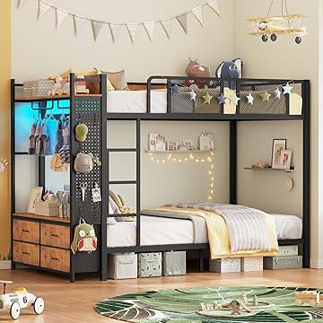 Itaar Metal Bunk Bed Twin Over Twin with Hall Tree, Power Outlet, LED Bunk Bed with 4 Storage Drawers, Bed with Safety Guardrail & Ladders, No Box Spring Needed, Easy Assembly, Rustic Brown
