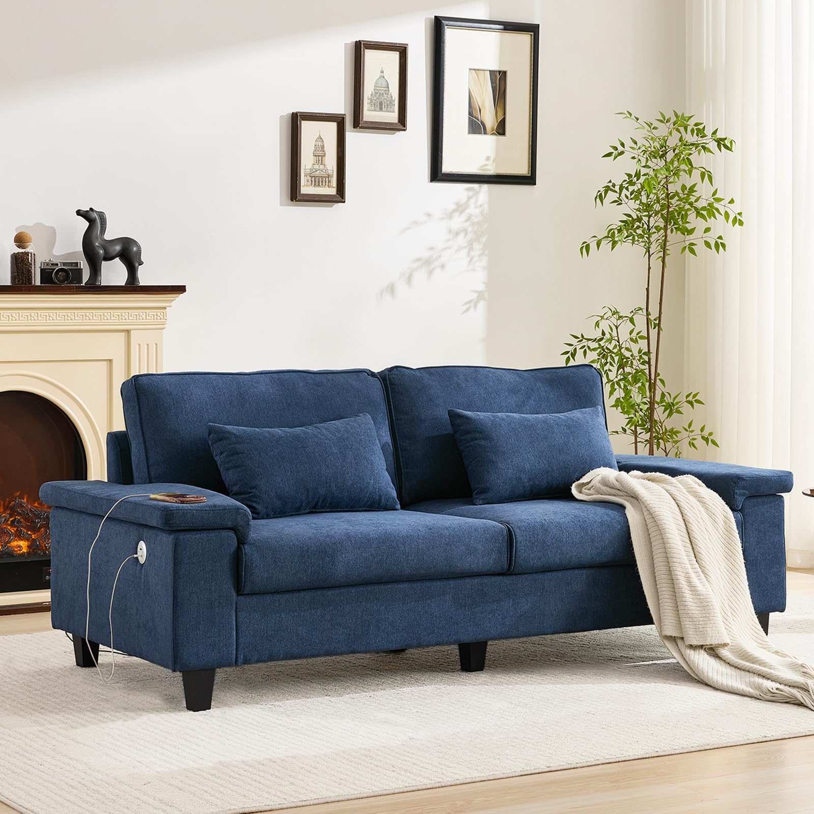 3 Seater Couch for Living Room 79 Comfy Deep Seat Sofa with Adjustable Armrests USB Type-C Charging Ports