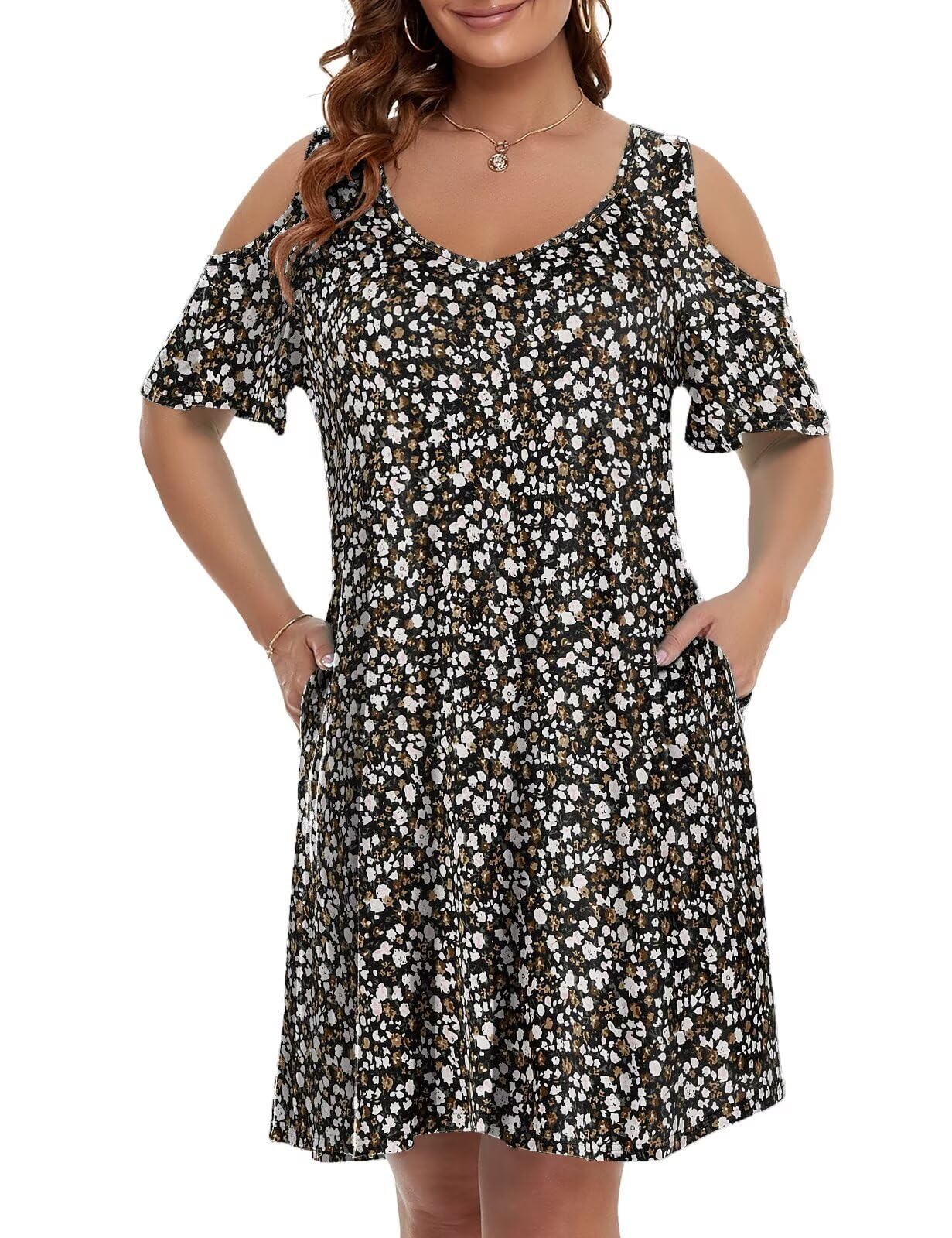 JollieLovin Womens Plus Size Short Sleeve Cold Shoulder V Neck T-Shirt Dress with Pockets