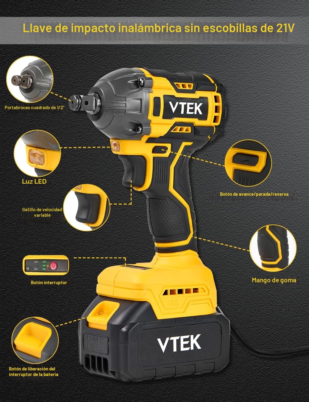 VTEK Llave de impacto inalámbrica sin escobillas,par máximo de 400N.m,llave de impacto eléctrica de 295 pies-libras, portabrocas de 1/2 pulgada