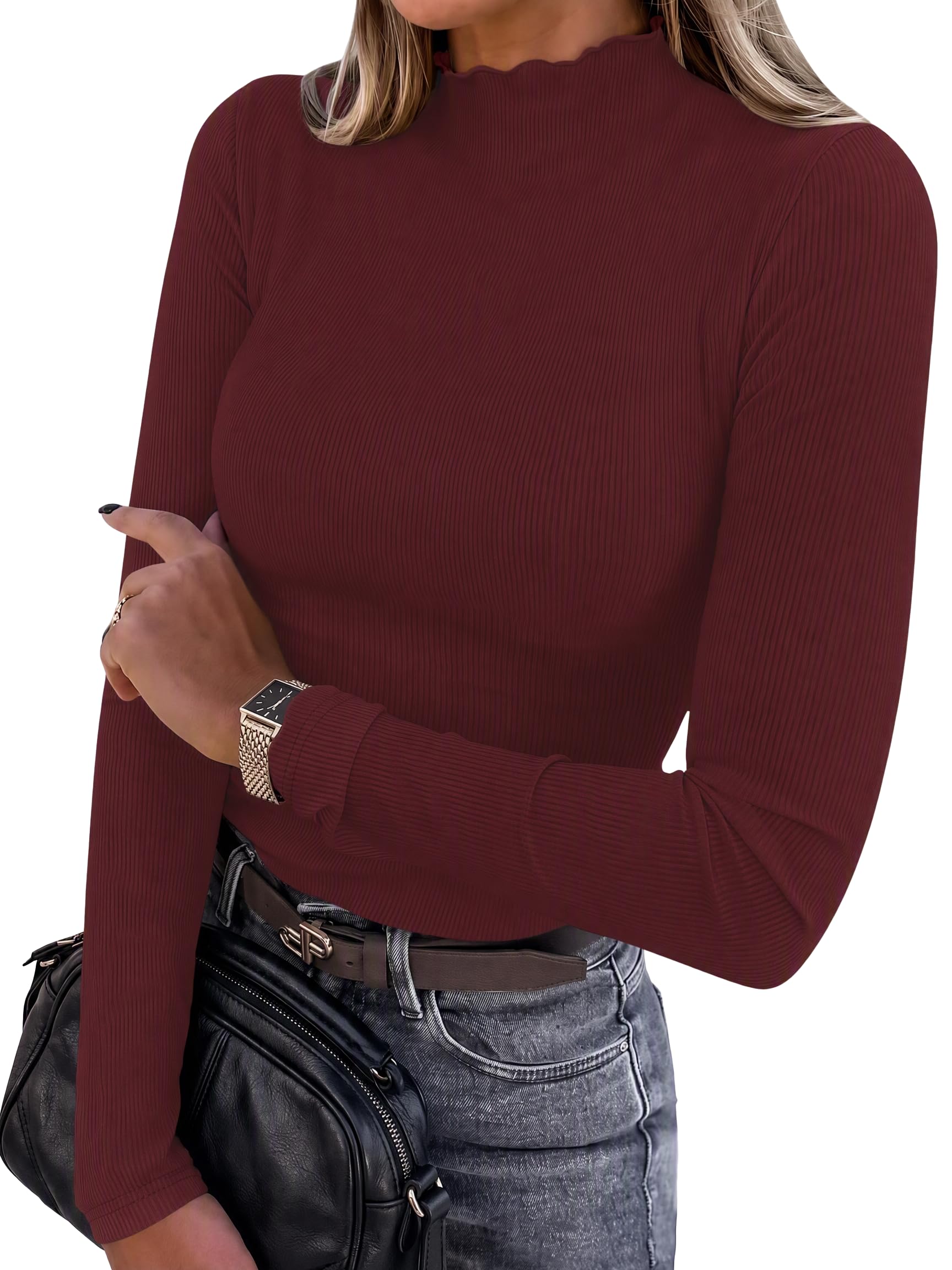 DUOEASE Langarmshirt Damen Stehkragen Gerippt Slim Fit | Elastischer Rippstoff,Körpernaher Sitz,Elegant,Rollkragen,Unterziehrolli,Weich,Herbst/Winter Geeignet,Für Alltag und Layering