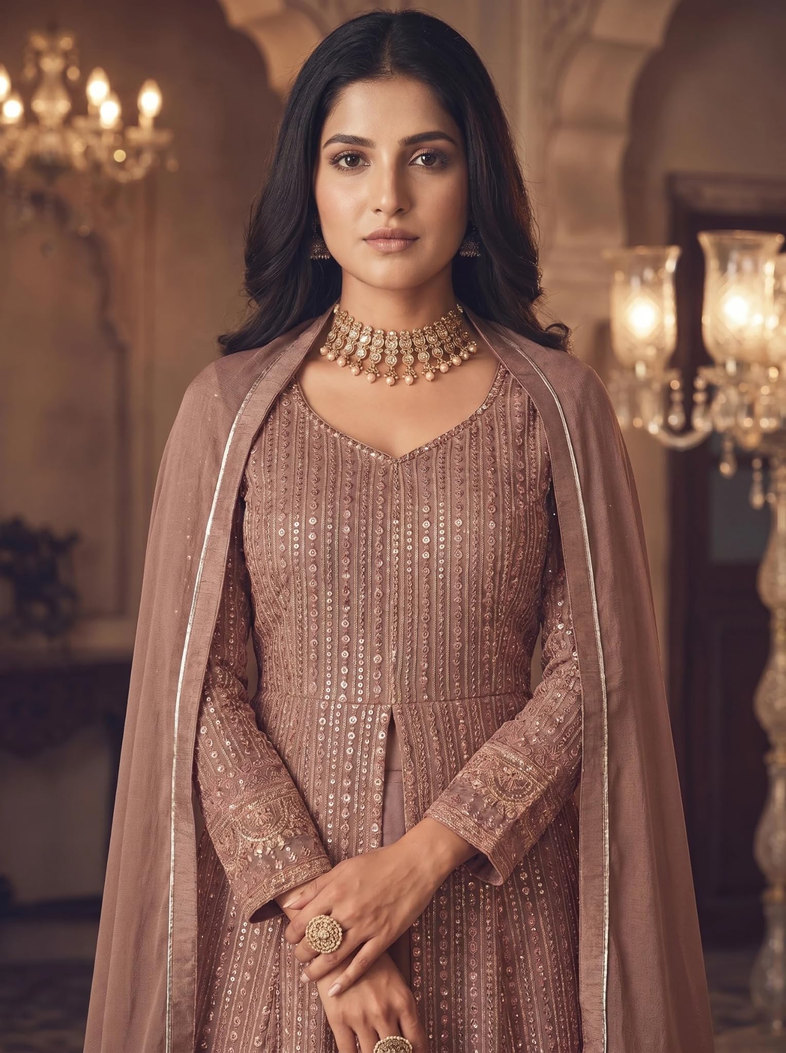 RUDRAPRAYAG Anarkali Georgette and Santoon Gown for Women Peach 2