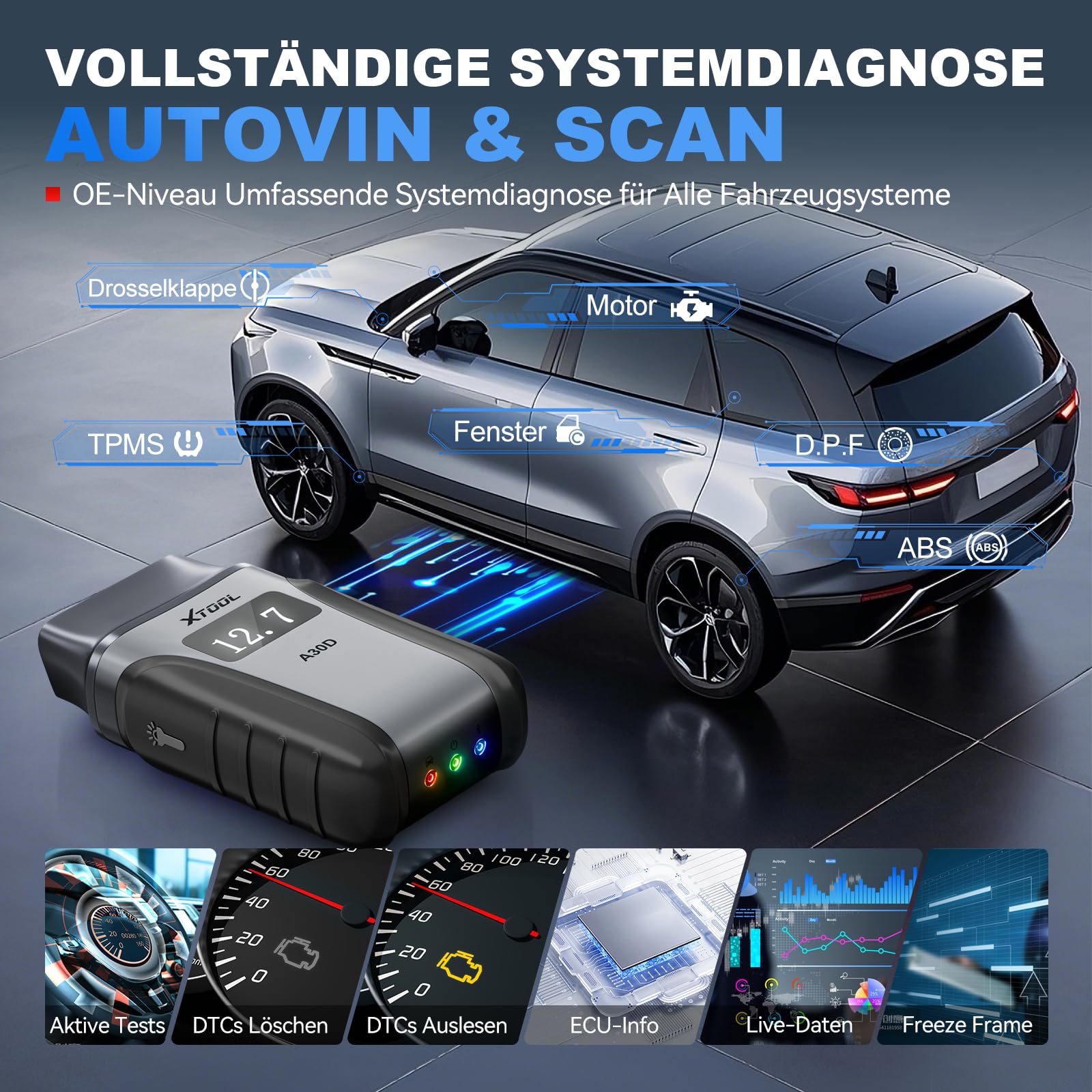 XTOOL A30D OBD2 Diagnosegerät Bluetooth, Bidirektionales Diagnosegerät Auto, Vollsystem, KI-Assistent, 19+ Funktionen, Öl ABS EPB DPF SAS, 8-PID Live-Daten, Lebenslange Update für iOS Android, CAN FD