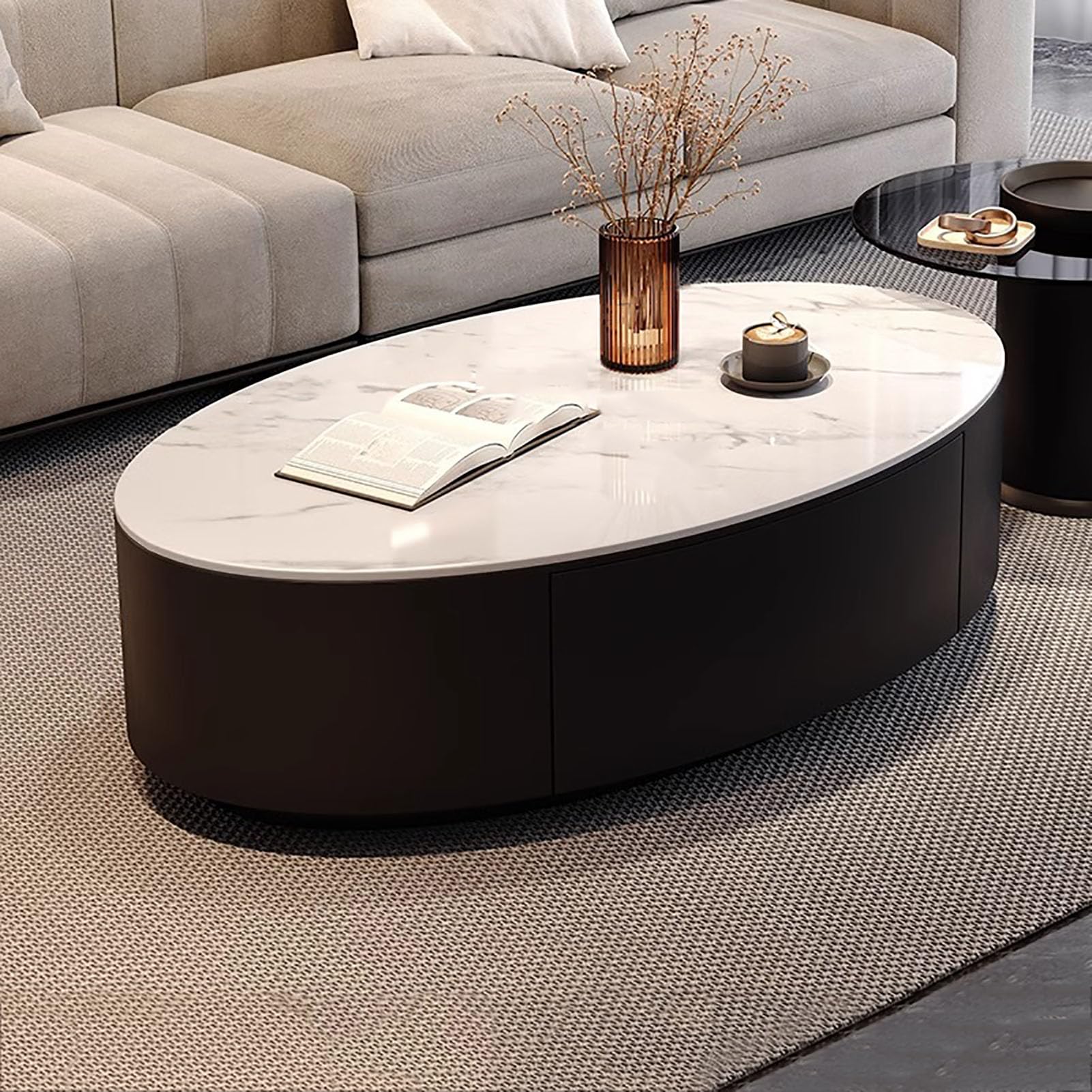 SXZenSpace Oval Nesting Faux Marble Coffee Table,Set of 2 Round Glass End Table Stacking Side Tables Modern Center for Living Room,B,120x60x35cm(47x24x14inch)