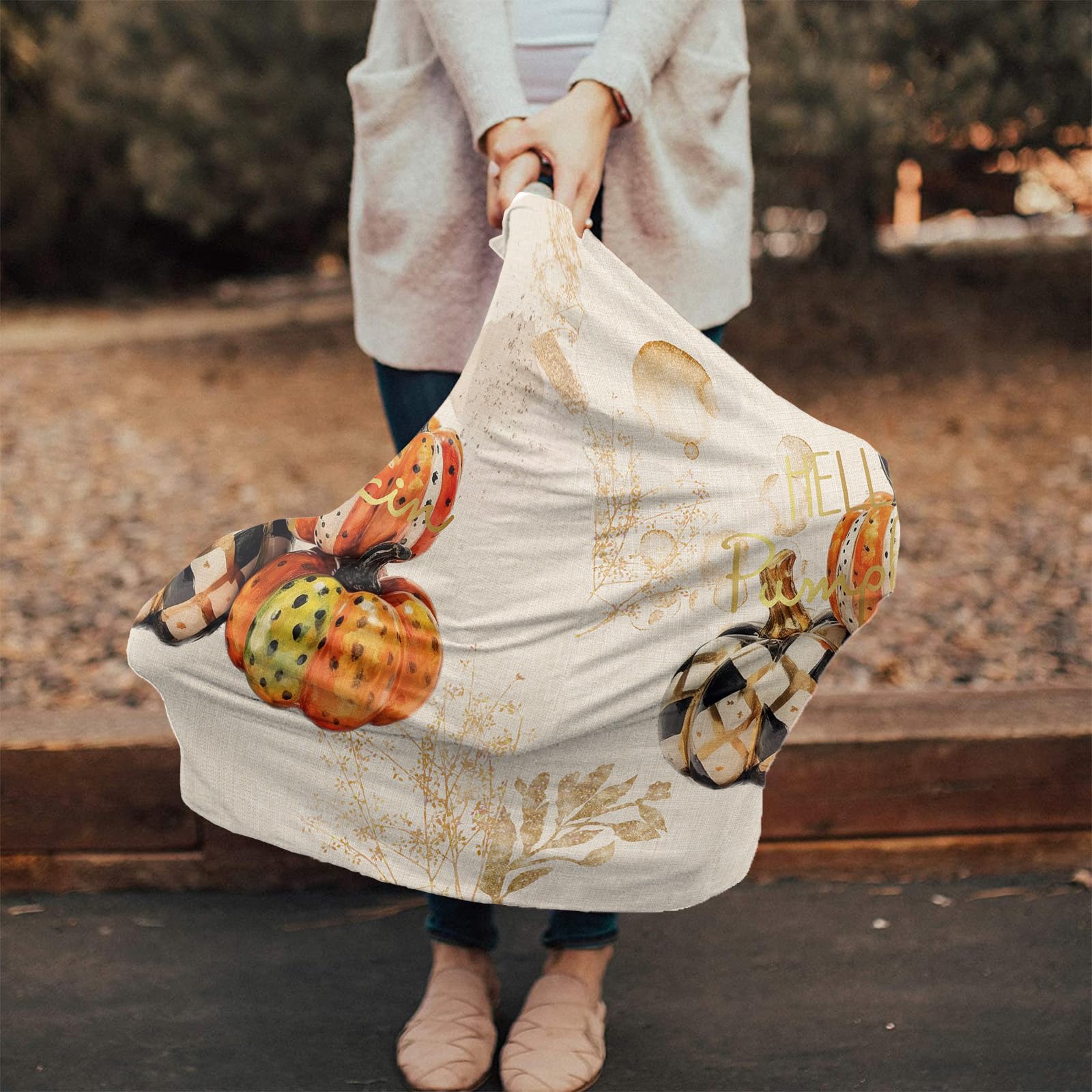 Nursing Cover for Breastfeeding Scarf, Plaid Pumpkin Gold Leaves Fall Thanksgiving Vintage Baby Car Covers Super Soft Multi Use for Canopy Shopping Cart Cover Blanket Stroller Cover