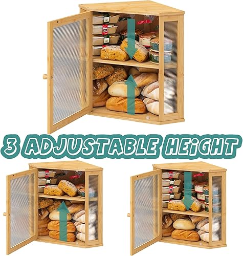 Miniatura 5 de Panera de esquina para encimera de cocina, contenedor de almacenamiento de pan de madera de bambú de gran capacidad con panel de puerta ondulado