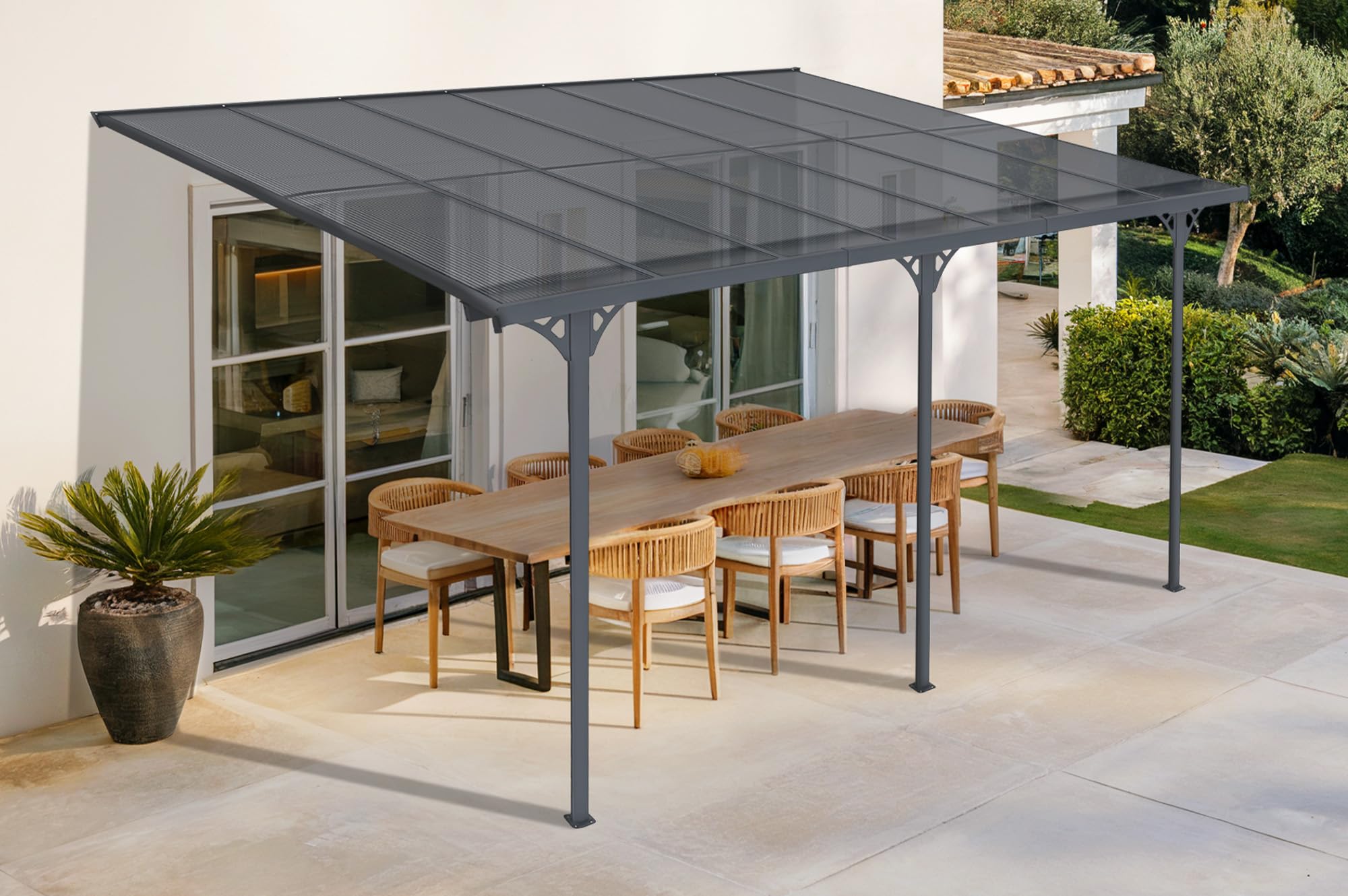 CAZEBOO Carport Pergola Adossée Aluminium KLEO 435x300 cm 4,5x3 m 14 m² Gris Anthracite Design Moderne Protection Terrasse Véhicule Résistant Anti-UV Réglable Haute Qualité Toit Polycarbonate UV30+