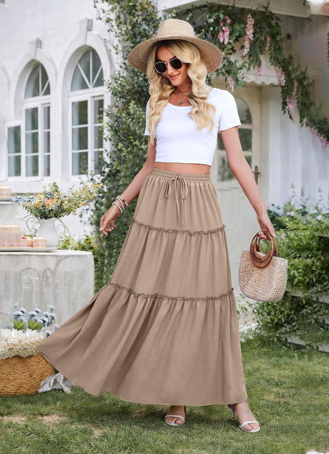 WEACZZY Womens Casual High Waisted A-Line Maxi Skirts Trendy Flowy Layered Pleated Long Skirt with Pockets - Image 5
