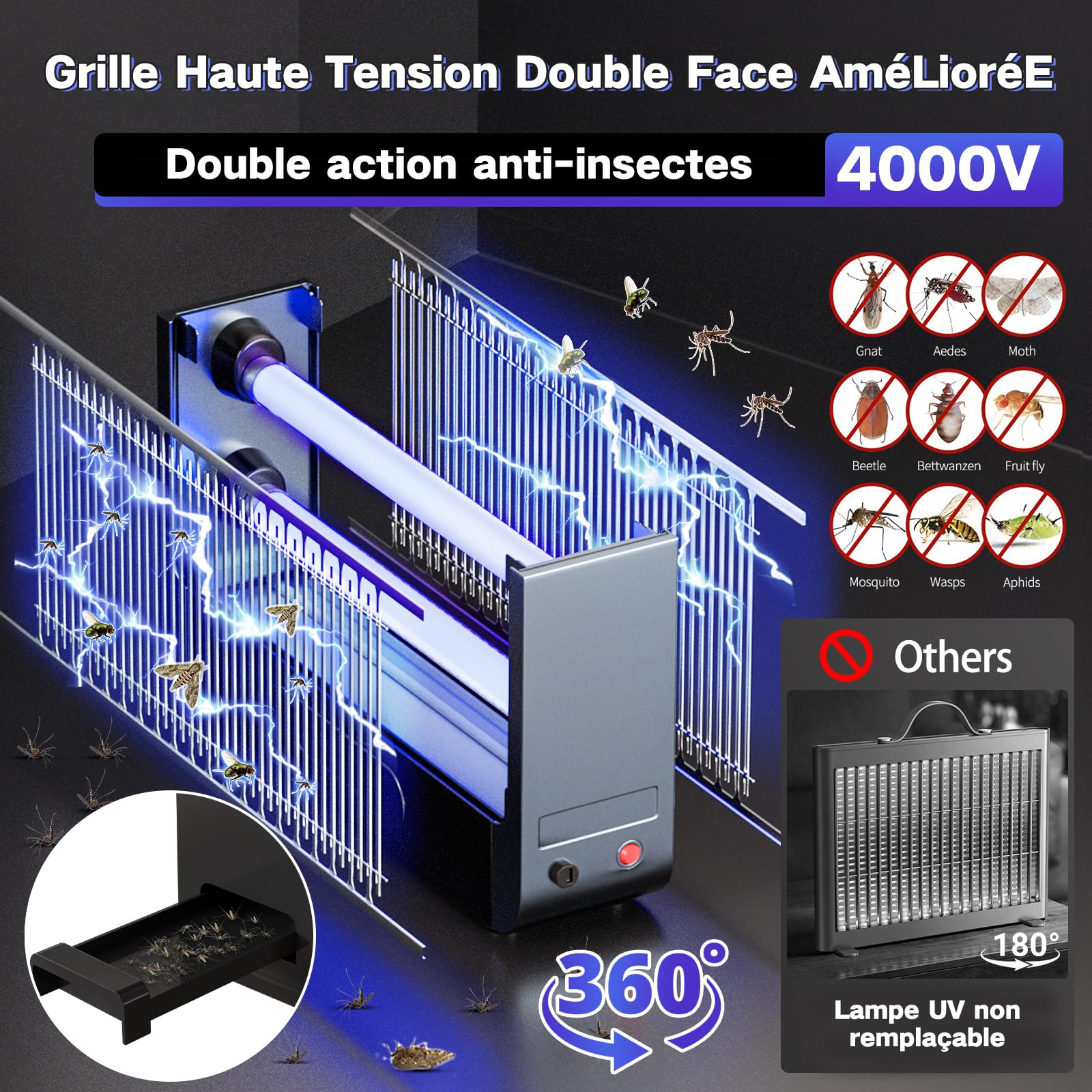 YFFU Lampe Anti Moustique Double Face 4000V, Tue Mouche Electrique Puissant avec 2 Tubes UV 365nm Interchangeables,Appareil Anti Moustique pour Intérieur et Extérieur,Idéal pour Maison,Chambre,Cuisine
