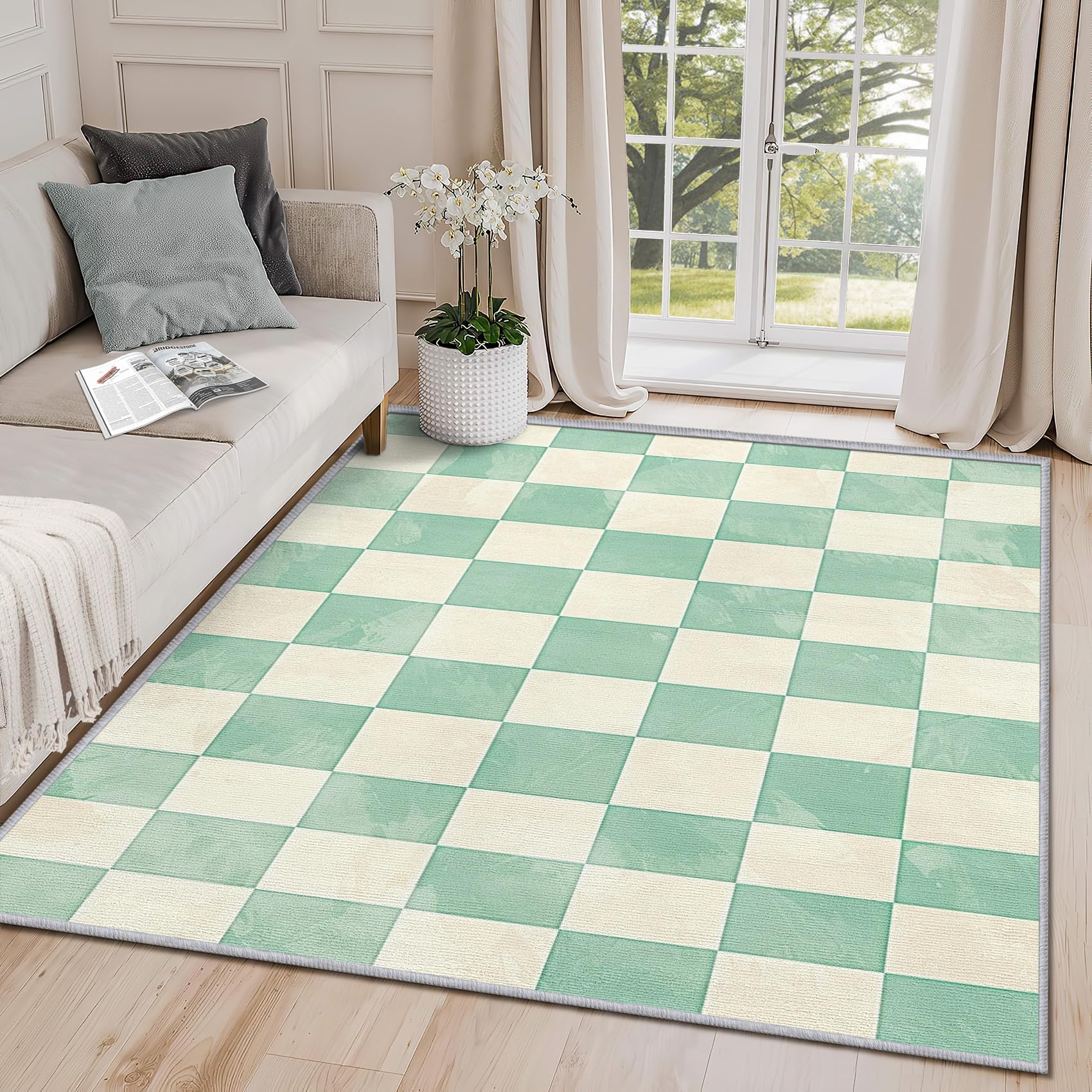 Clofmor Non Slip Rug - Checkerboard Rug for Bedroom, Mint Green Checkered Washable Short Pile Carpet House Decoration, 80x120cm, Grid