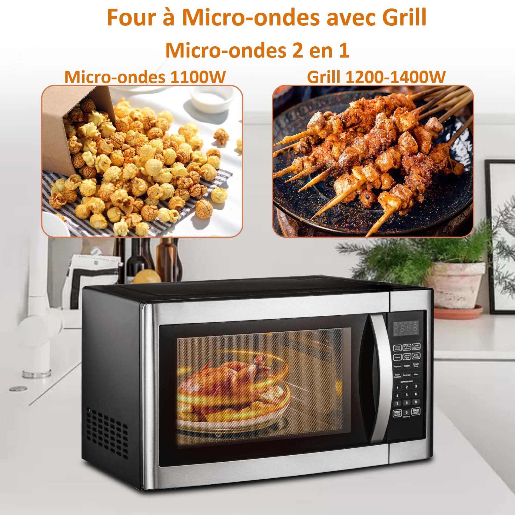 Four Micro-ondes Grill, 42L, 1100W, Grill jusqu'à 1400W, Cuisson Combinée, 11 Niveaux de Puissance, Multifonctions, Plateau Tournant, Cuisson Maximum 99min et 99s