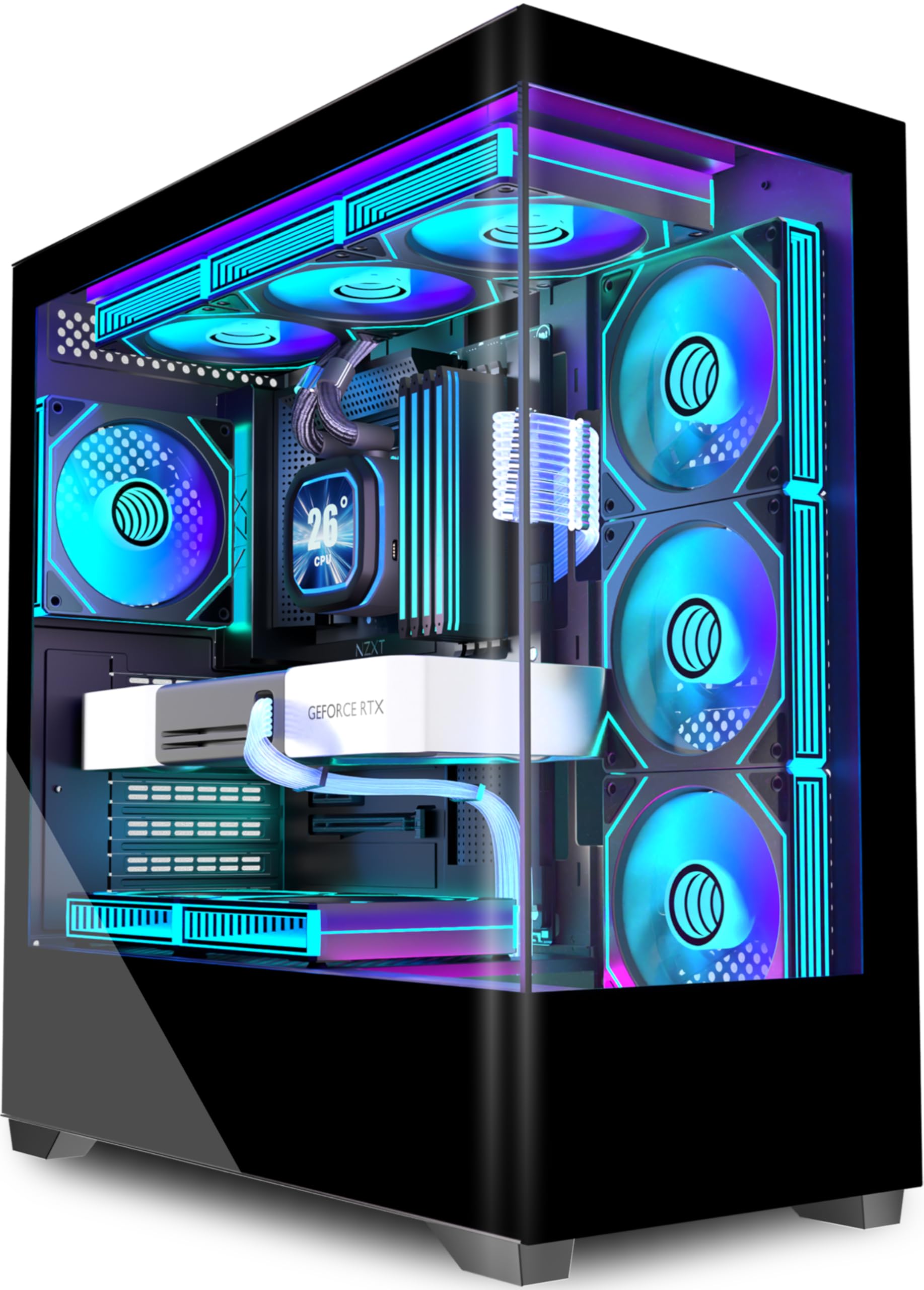 KEDIERS PC Gehäuse Vorinstallierter 7 × 120MM PWM ARGB Lüfter, ATX Mid Tower PC Gehäuse, Computergehäuse mit Panoramaaussicht Gehärtetes Glas Front Panel,Schwarz，P4 ARGB