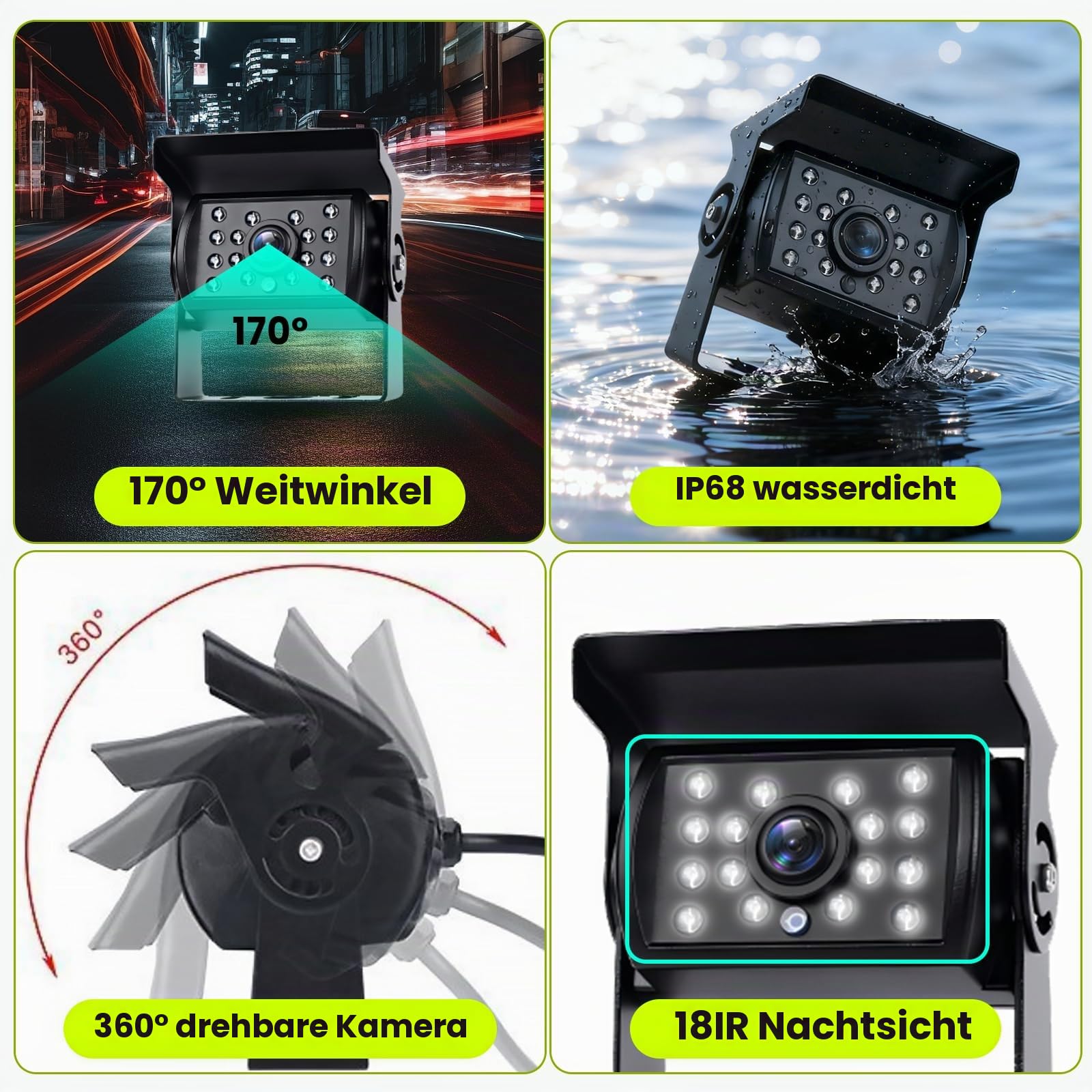 Podofo Vans RV Rückfahrkamera Set, 9 Zoll Monitor 4 Kameras, 4-Geteiltes Display 4-Kanal Video, IP68 wasserdichte Nachtsichtkameras, Frontview Kameras, 12V-24V für LKWs Camping Autos