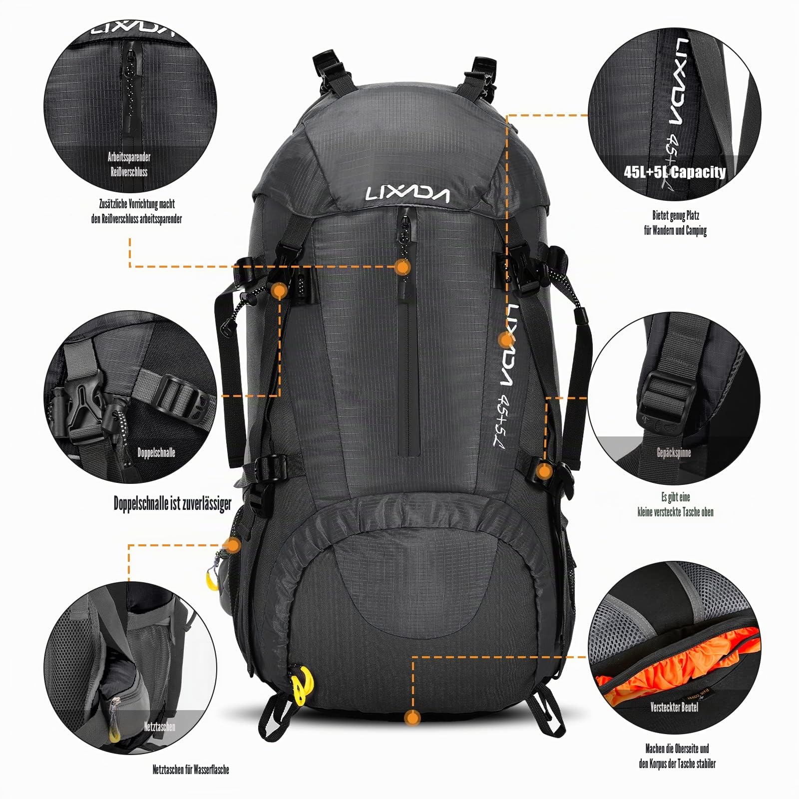 Lixada Wanderrucksack, 50 l, mit Schutzhülle, wasserdicht, ultraleicht, für Bergsteigen, Klettern, Trekking, Sport, Reisen, Camping