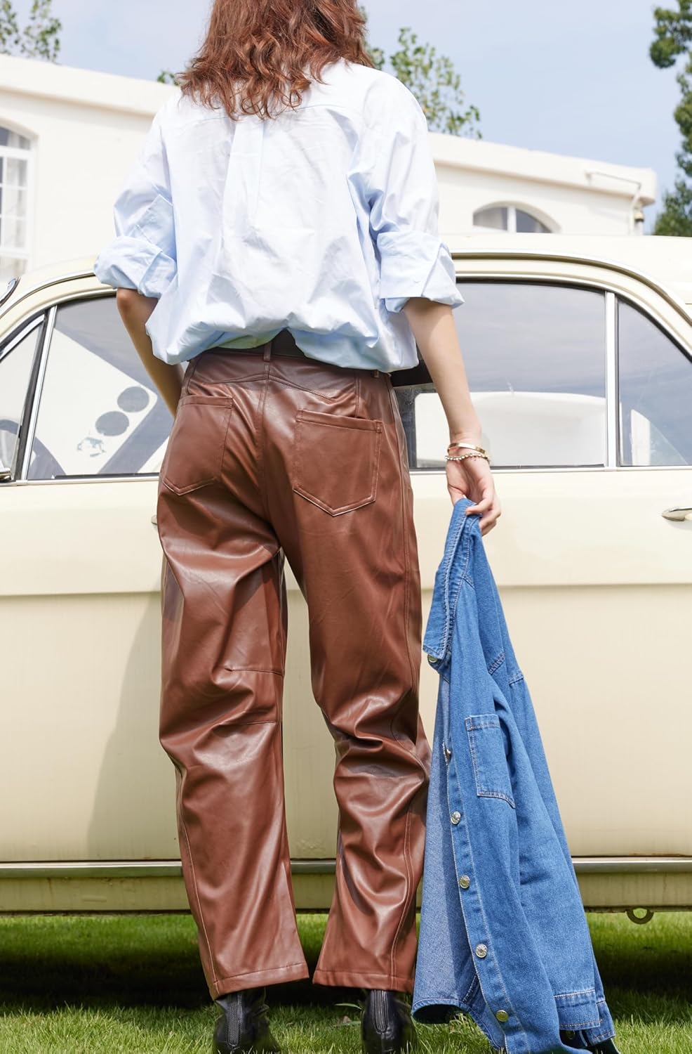 Women Faux Leather Pants Low Rise Baggy Barrel Jeans Wide Leg Trousers with Pockets - Image 4