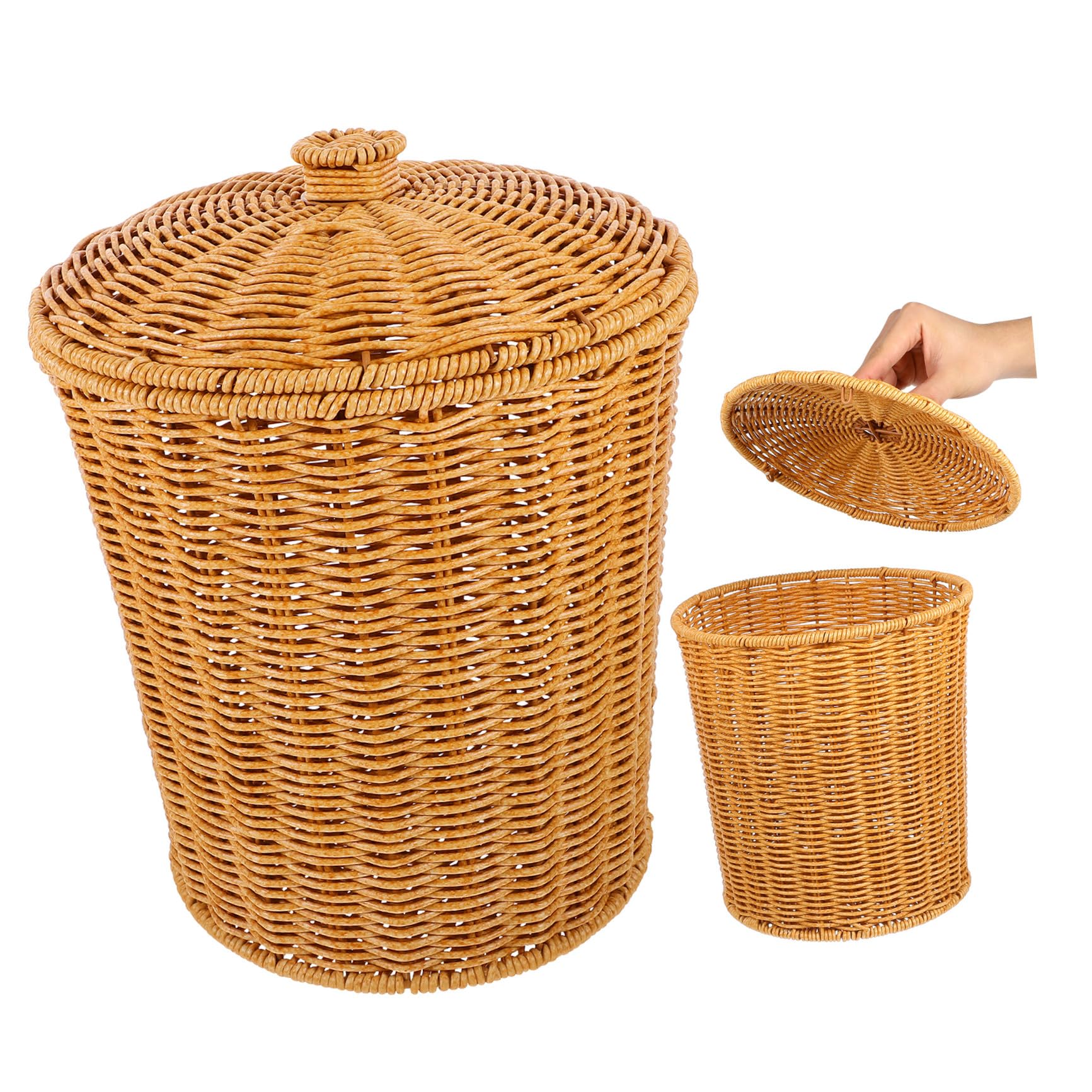 Panier à linge tressé avec couvercle en plastique Angoily boîte de rangement portable