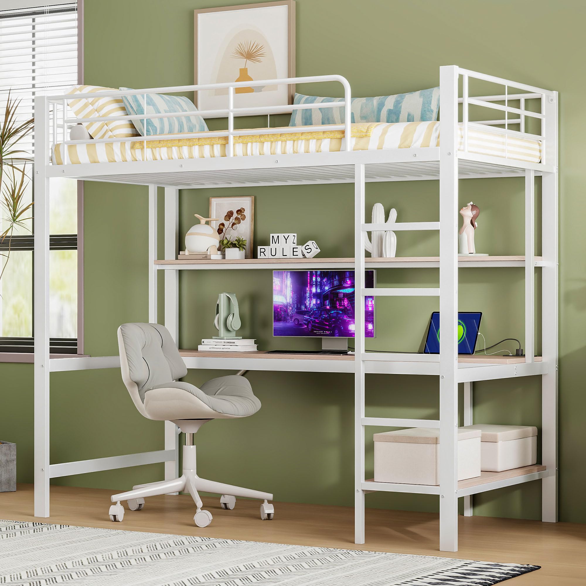 Zepneiy Lit Mezzanine 1 Place avec LED et USB, lit Mezzanine avec Bureau et Plusieurs étagères,Lit Superposé Enfant 90x200 avec échelle et Balustrade, Blanc (sans Matelas)