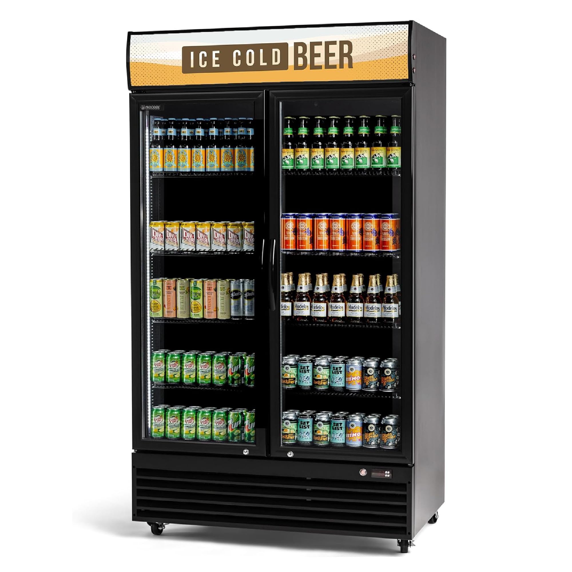 Procool Black Display Refrigerator, 35.3 CuFt, 2 Door, Ice Cold Beer Sign