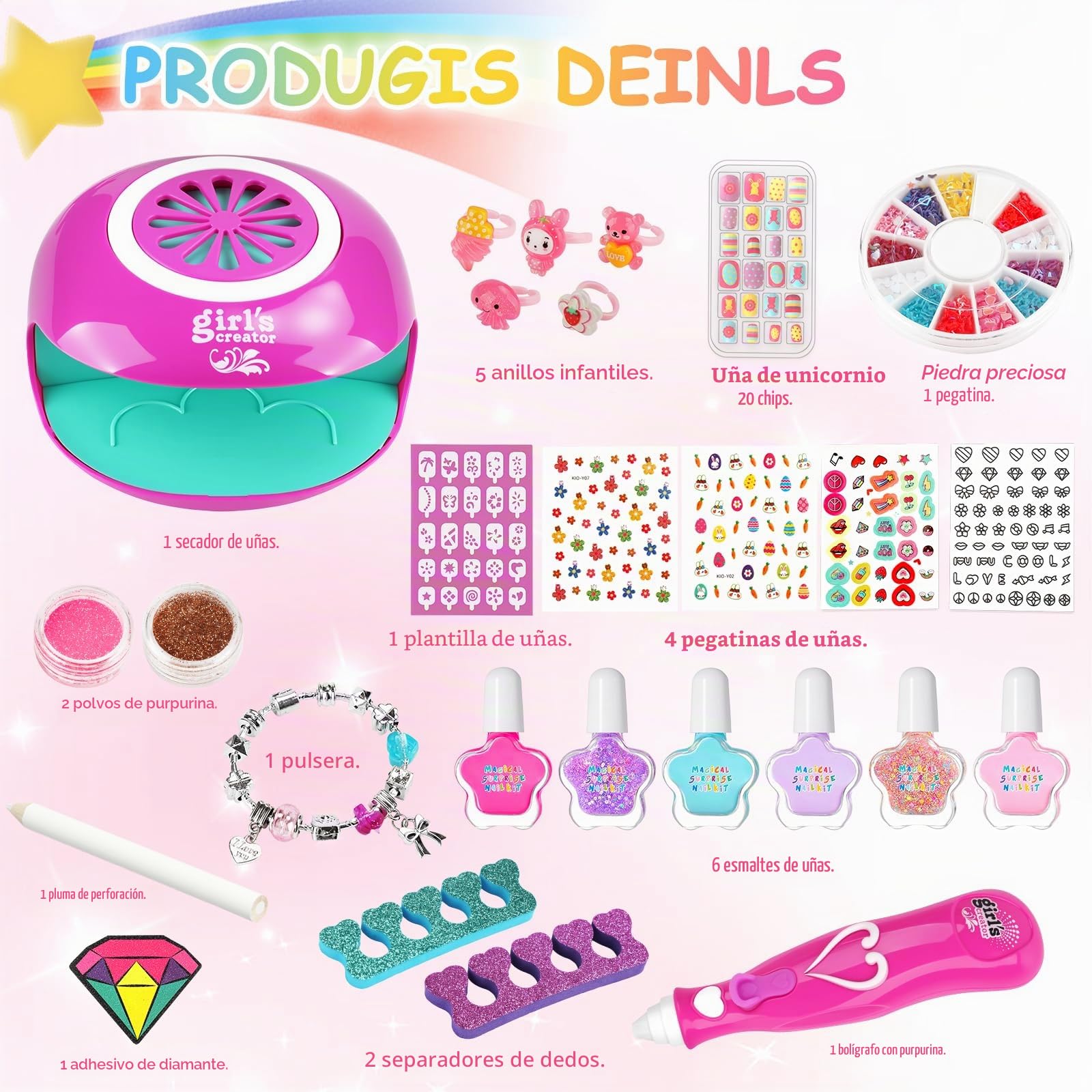 Set De Manicura Para Niña,Set Manicura Niñas,Kit de Arte de uñas para Niños con Secador de Uñas et Pegatinas,Kit Pintauñas para Niñas,Maquillaje Niña Regalo Cumpleaños 6 7 8 9 10 11 12 Años