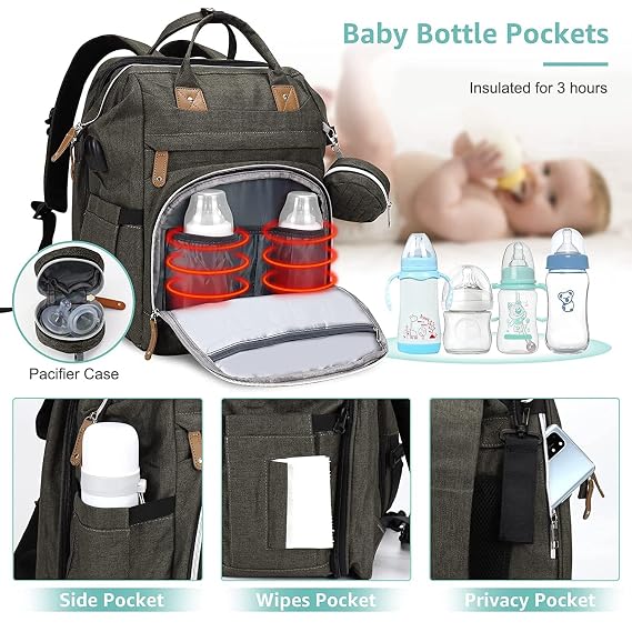 DERJUNSTAR Diaper Bag Backpack, Large Baby Bag with Changing Pad, Thick Padded Back & Straps, Laptop Compartment, Waterproof Travel Backpack with USB Port, Multi-Function for Mom & Dad, Army Green