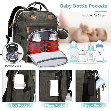 DERJUNSTAR Diaper Bag Backpack, Large Baby Bag with Changing Pad, Thick Padded Back & Straps, Laptop Compartment, Waterproof Travel Backpack with USB Port, Multi-Function for Mom & Dad, Army Green