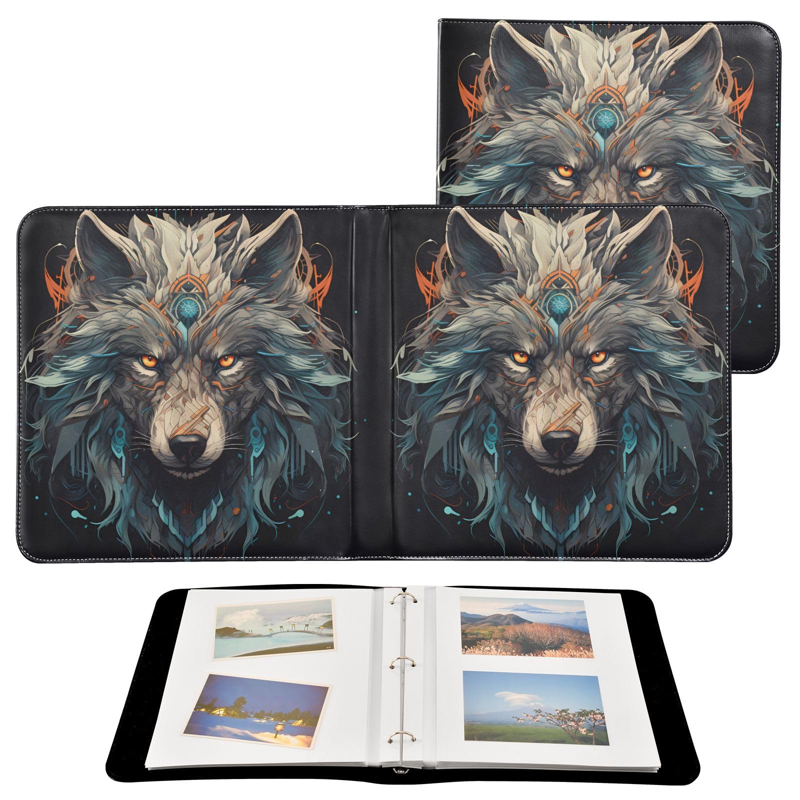 JIPONI Magic Wolf Large Photo Album, DIY Leather Cover Scrapbook Albums for 4x6 5x7 6x8 Pictures, Self Adhesive Memory Book for Wedding, Baby, Family