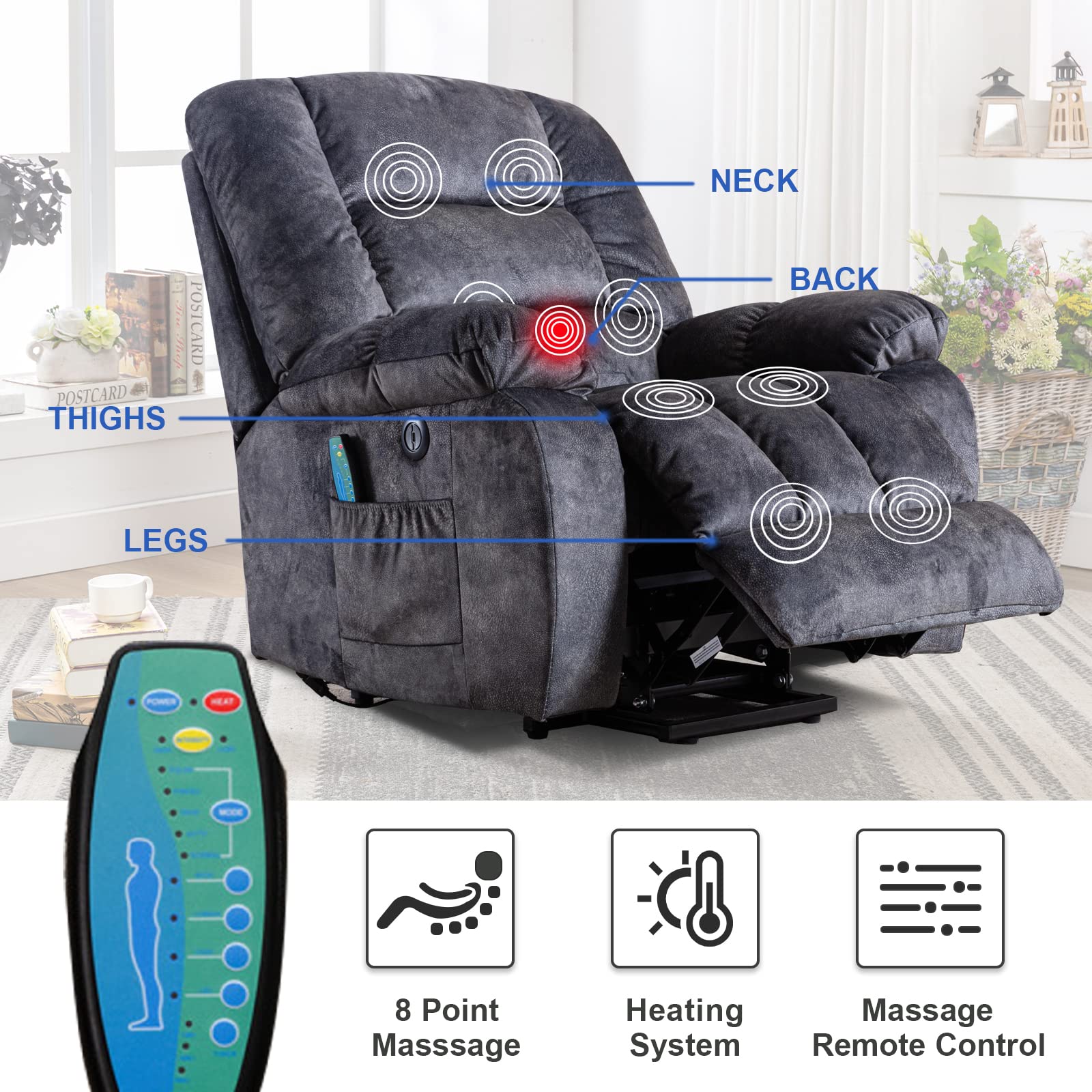 ANJ Big Power Lift Recliner Chair Wide Electric Massage Recliners for
