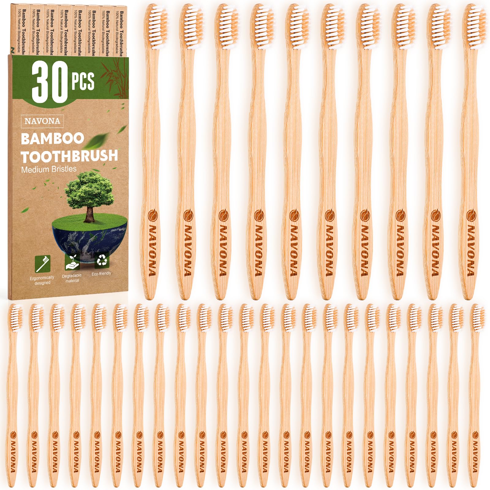 Navona 30 PCS Bamboo Toothbrushes Pack, BPA Free Medium Soft Bristles Toothbrushes for Adults, Eco-Friendly Natural Wooden Toothbrush Bulk, Box of Two Reusable Travel Toothbrush