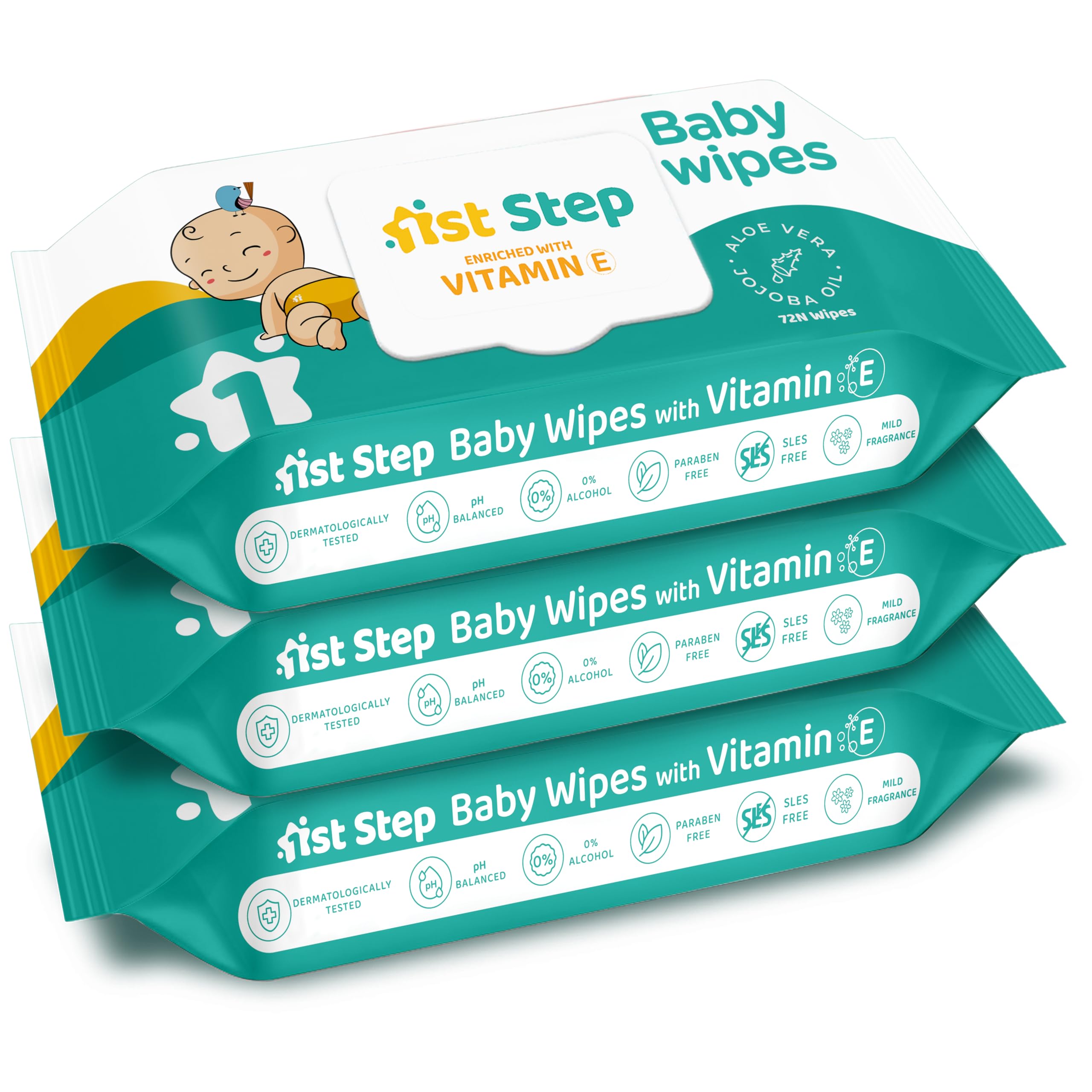 1st Step Baby Wet Wipes with Lid Enriched and Aloe-Vera and Jojoba Oil (72 Wipes/Pack x 3 Packs = 216 Wipes)