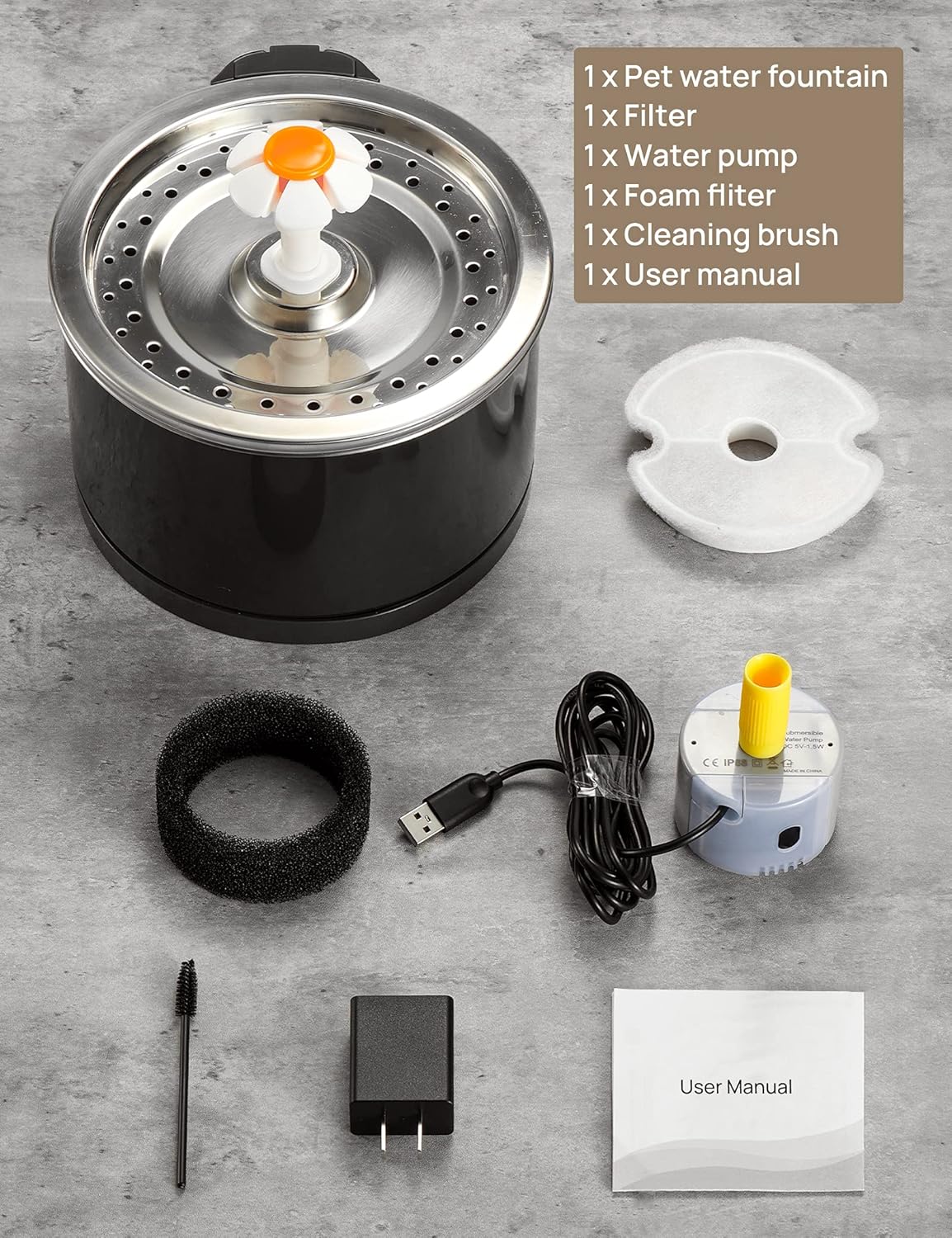 iPettie Pet Water Fountain Stainless Steel, 84oz/2.5L, 4-Stage Filtration, Ultra Quiet Metal Cat Water Fountain with LED Light & Filter for Pet, Kitty & Dog, Black : Pet Supplies