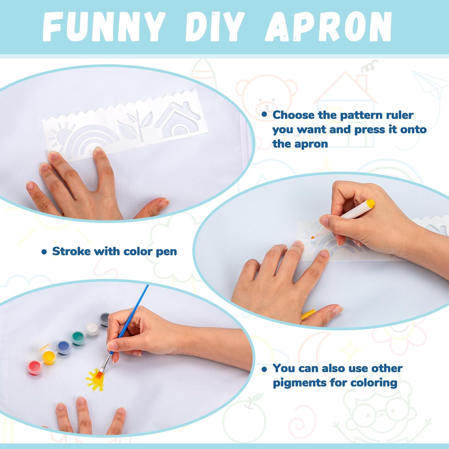 Pllieay 52 PCS DIY Kid Aprons, Toddler Apron White Aprons for Kids with Colored Pen and Journal Stencils for Painting, Kitchen, Cooking