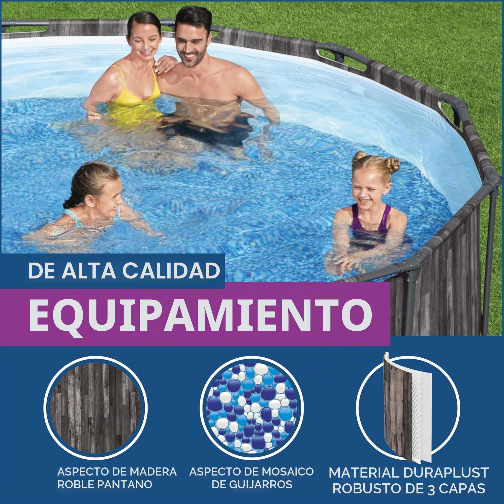 Bestway Steel Pro MAX Frame - Piscina Redonda (366 x 100 cm, Incluye Bomba de Filtro, Efecto Madera)