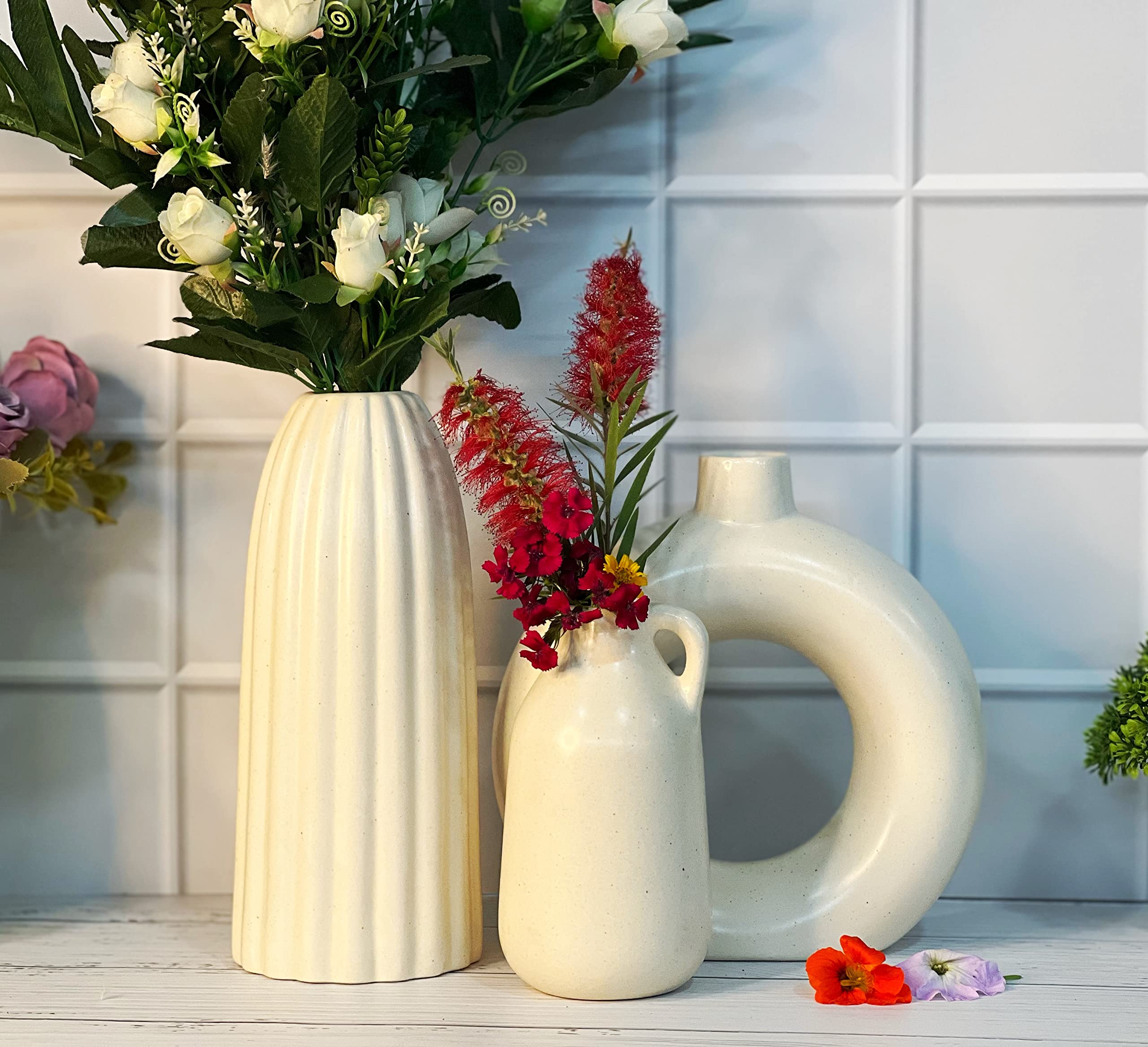 Premium Ceramic Off White Vases Set of 3, Ceramic flower Pot and vase for Modern Home Decor, Living Room, Bedroom, Dining Table |10" Ribbed Vase, 9" Donut Vase, 7" Milkjar Vase