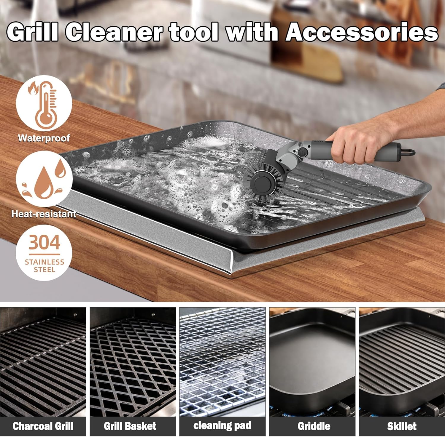 Electric Grill Brush,BBQ Grill Cleaner with 3 Heads, 3-Speed & Angle Adjust Cordless Rotary Grill Brush,IP67 Waterproof,150Mins & 58W Motorized Grill Cleaning Brush Kit with 5200mAh Battery