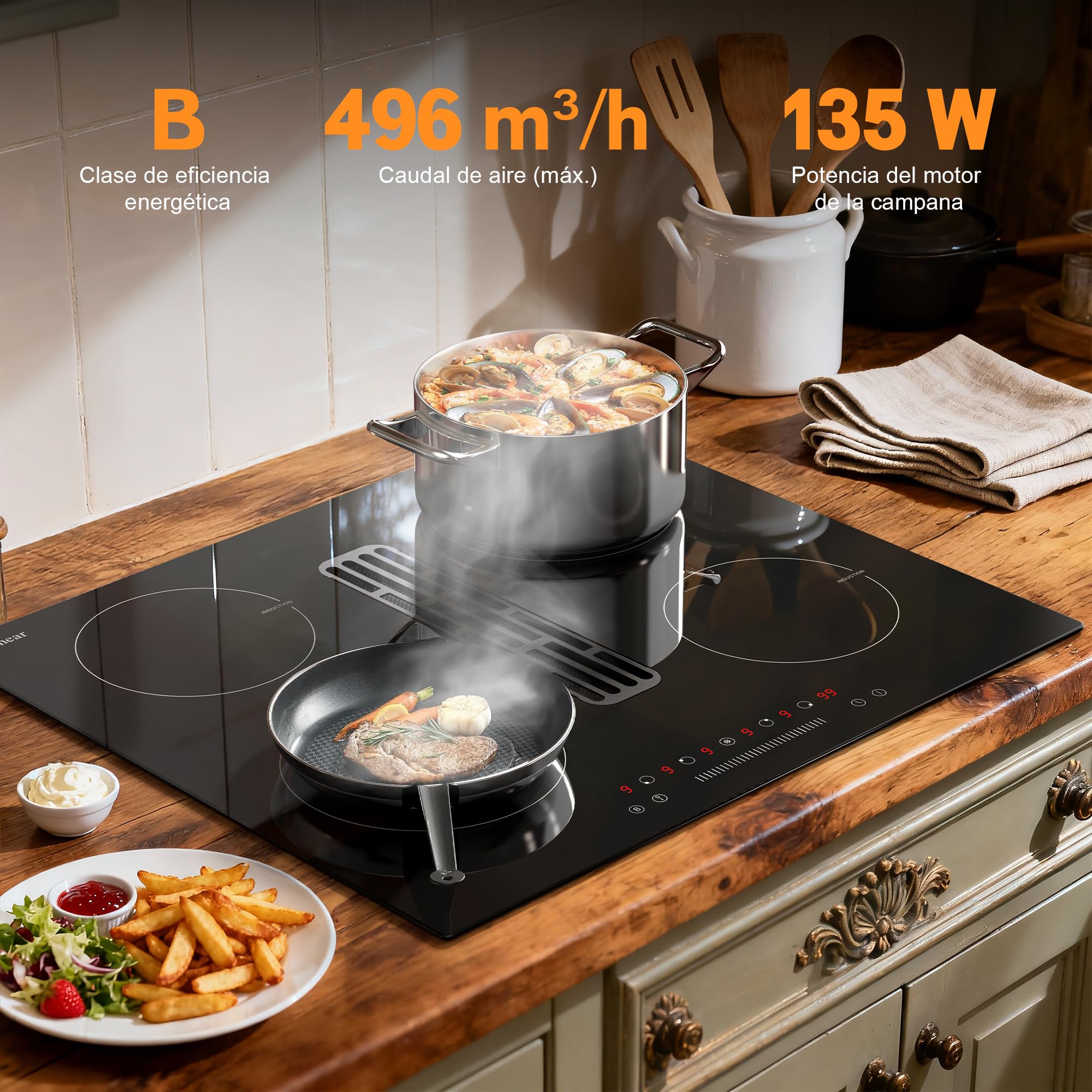 Karinear Placa Inducción 4 Fuegos con Extractor Integrado, Empotrable 60cm | Temporizador, Función Boost, Placa de Inducción de 6400 W con Extracción de 135 W, 220-240 V, sin Enchufe
