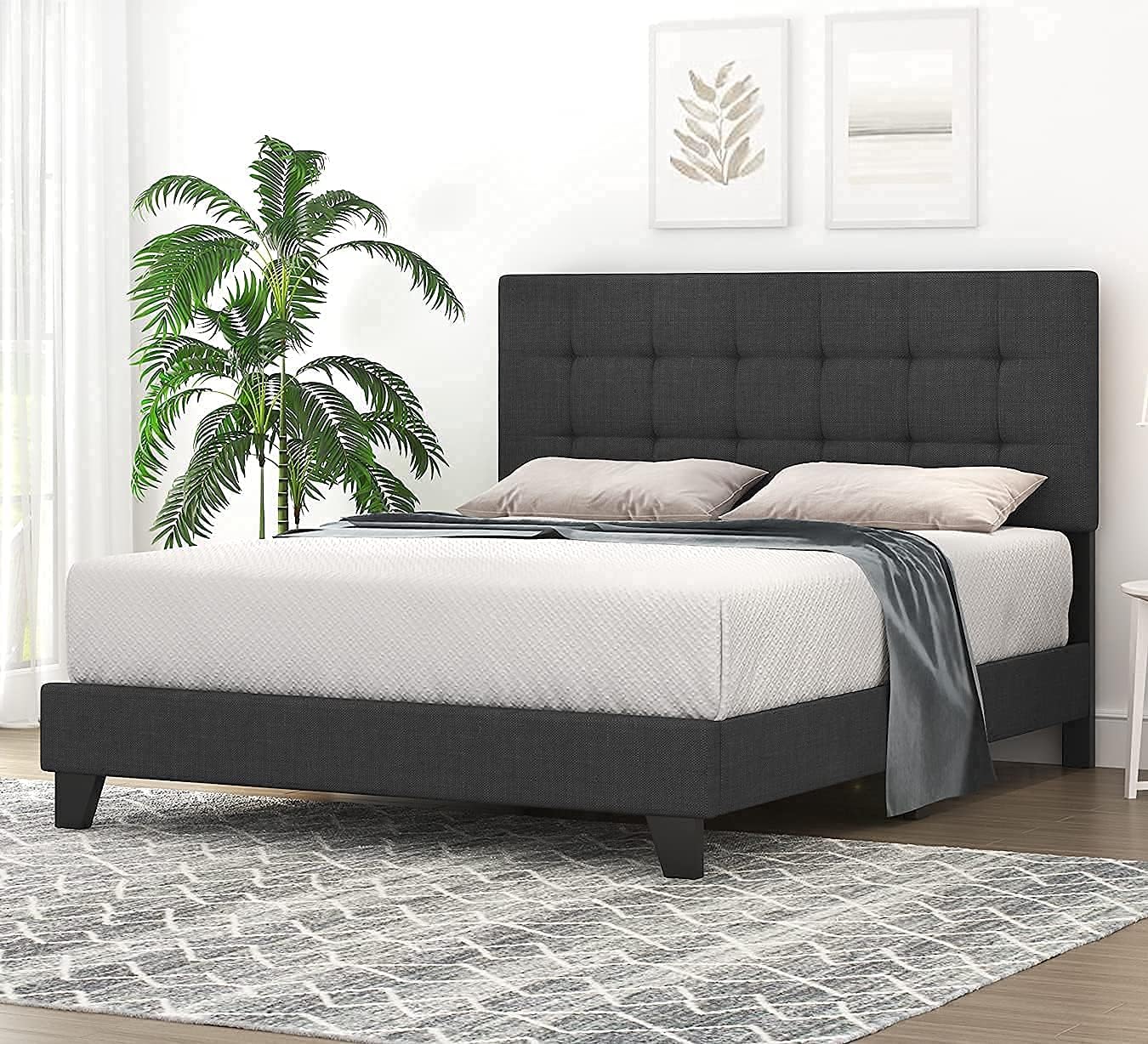 SHA CERLIN Queen Size Panel Bed Frame with Adjustable High Headboard/Fabric Upholstered/Box Spring Needed/Easy Assembly, Grey